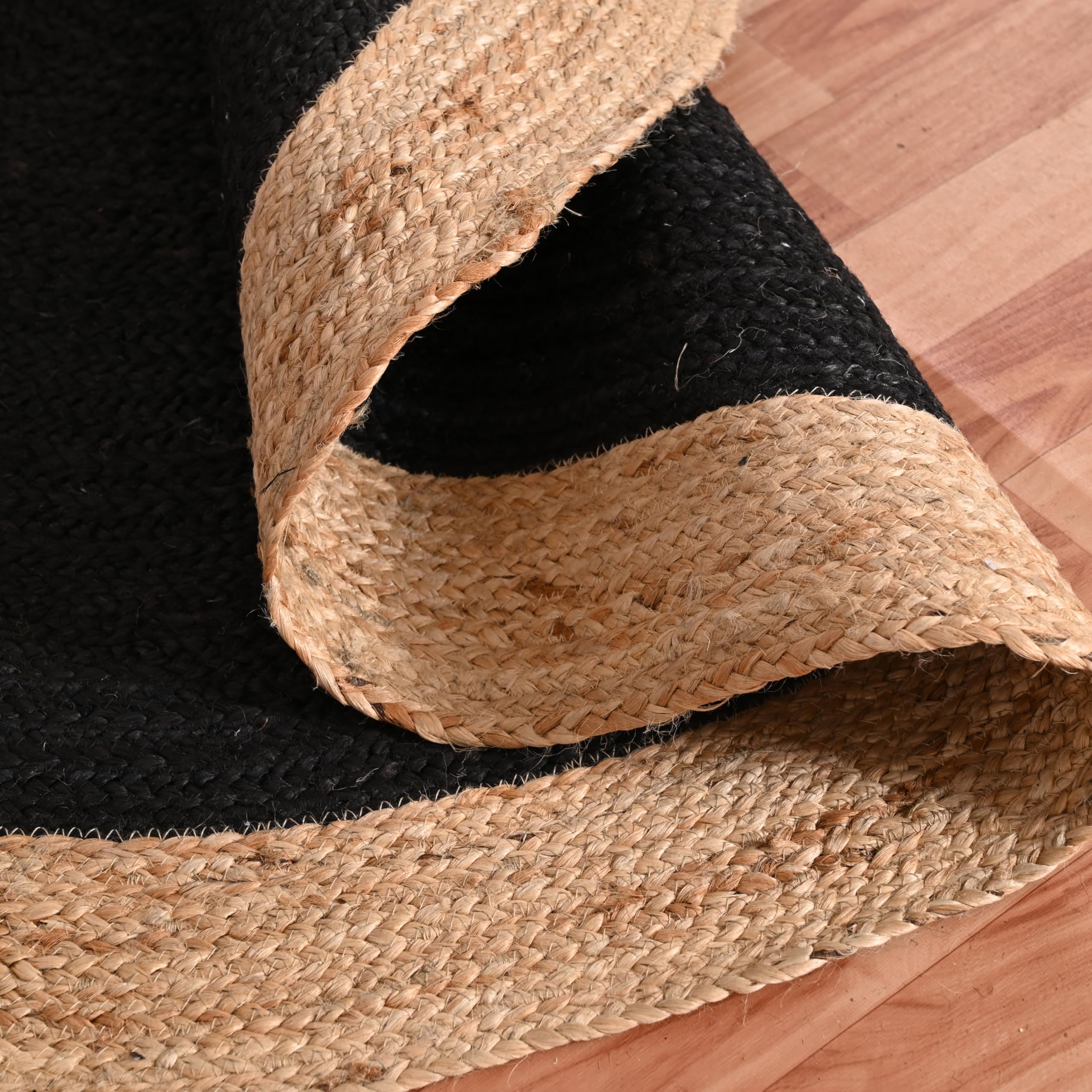 Tapis en jute tressé à la main en fibres naturelles, tapis bohème tressé à la main écologique pour chambre, cuisine, salon, maison de campagne (noir naturel, rond 3,35 m)