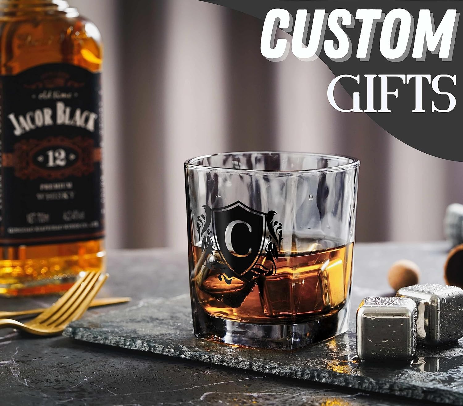 Whisky Gifts for Men, Personalized Initial Whiskey Glass with Whiskey Stones for Dad, Boyfriend, Best Friends, Coworkers, Husband, Brother, Uncle and Boss on Father's Day, Boss Day and Birthday - D - Image 3