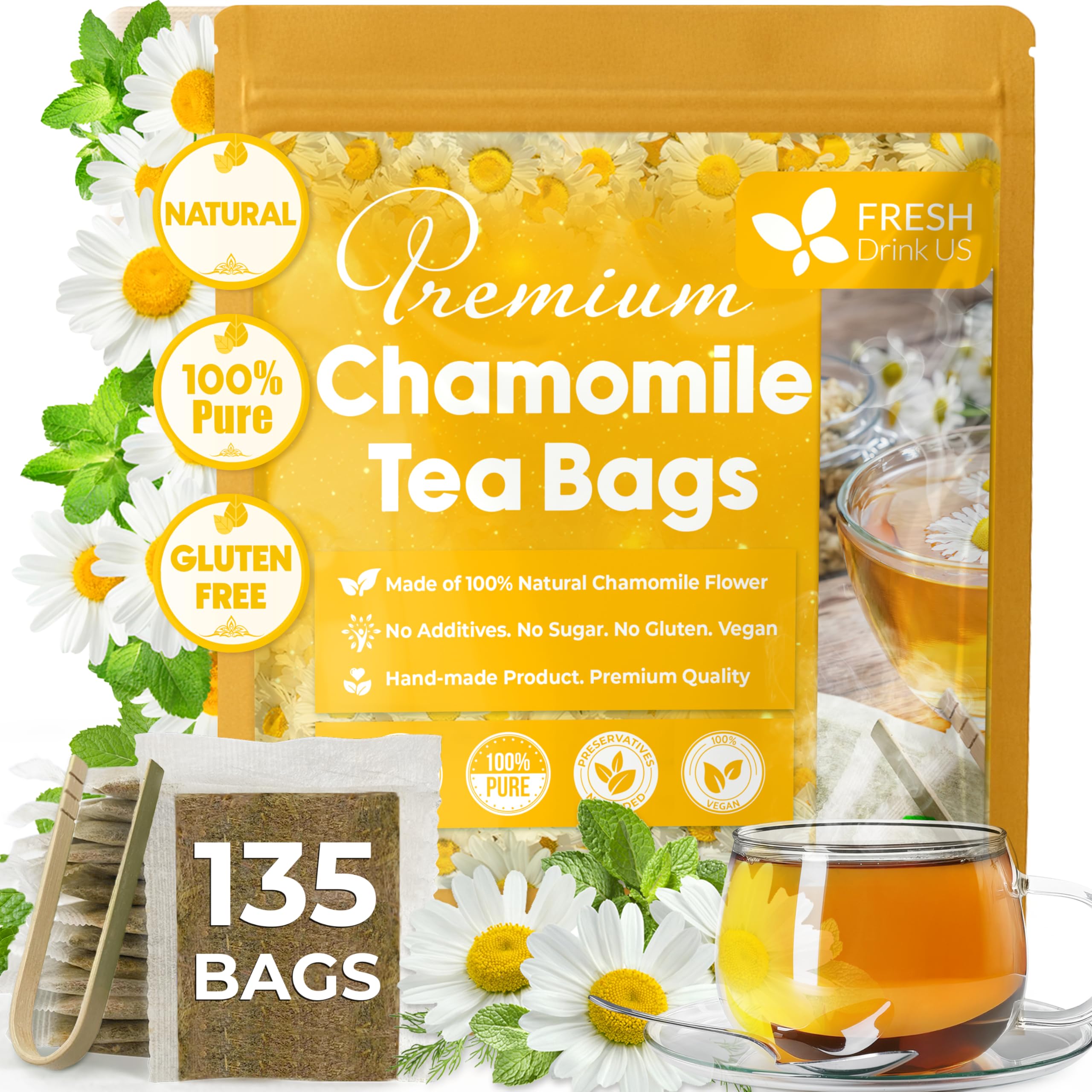 - FRESHDRINKUS, Premium 135 Chamomile Tea Bags, 100% Natural and Pure Chamomile Flowers, Eco-conscious Tea Bags. Herbal Tea. No Sugar, No Caffeine, No Gluten, Vegan.