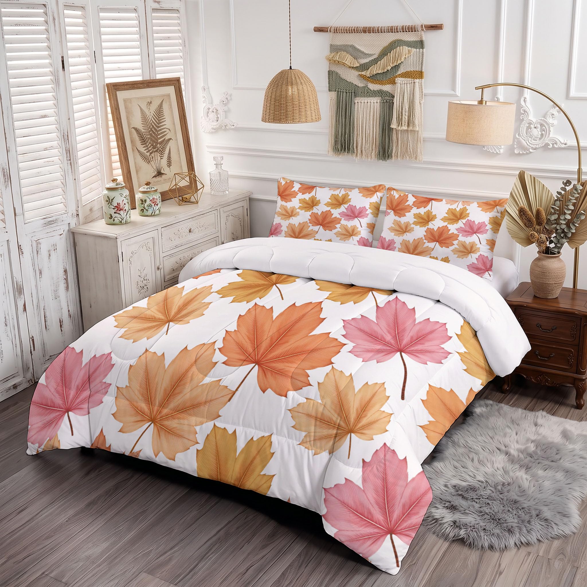 Piumino senza Fodera Matrimoniale Singolo Piante Ad Acquerello | Piumino Reversibile Foglie D'Acero Autunnali, Coperta 4 Stagioni, Trapuntino Letto per Camera da Letto (140x200cm )