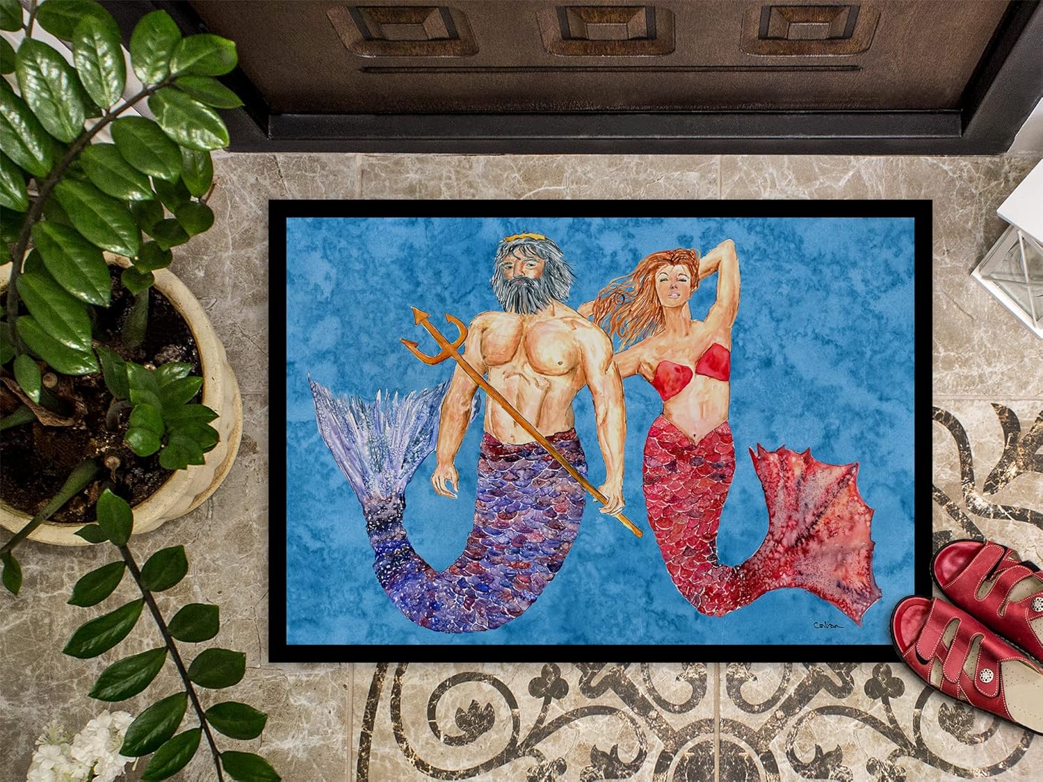 Caroline's Treasures 8801JMAT Mermaid and Merman Doormat 24x36 Front Door Mat Indoor Outdoor Rugs for Entryway, Non Slip Washable Low Pile, 24H X 36W