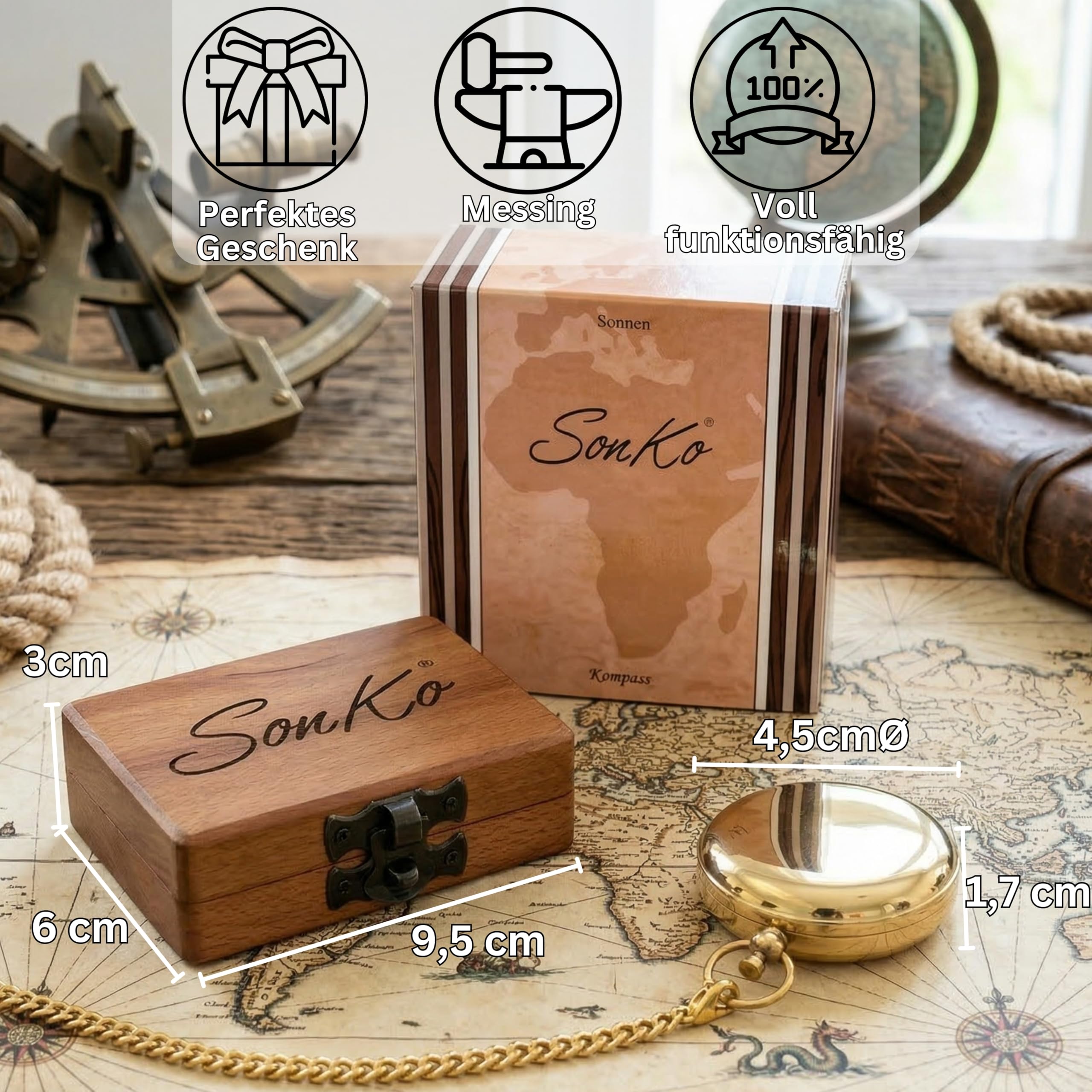 SonKo® Kompass mit Gravur Kompass personalisiert – Antik Optik nautischer funktionsfähige Maritime Deko aus Messing. Konfirmation Geschenk Kommunion