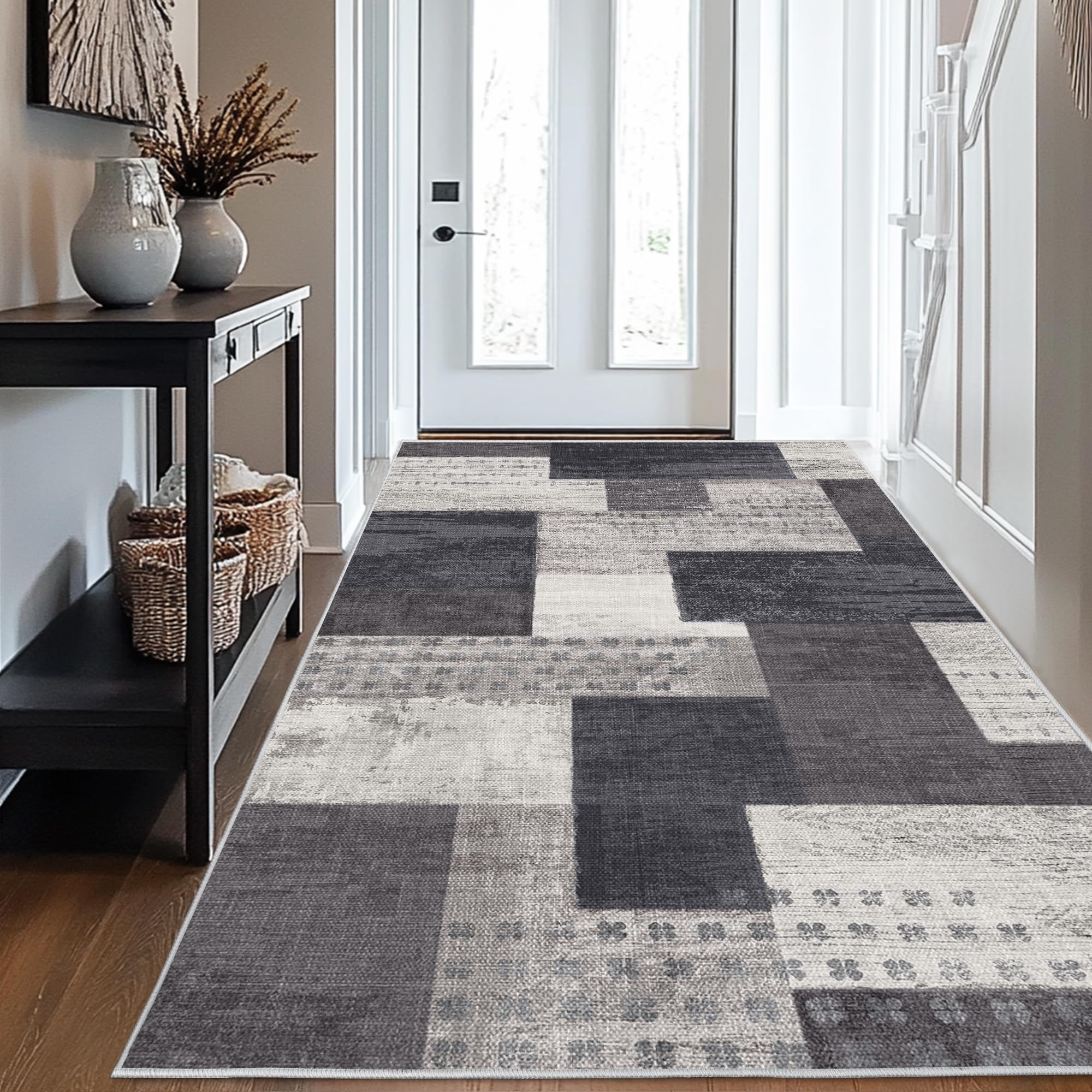 Tappeto moderno geometrico patchwork per interni e soggiorno, antracite, 140x200 cm, grandi tappeti, collezione Rockwood, decorazione per camera da letto, grigio, morbido, pelo corto