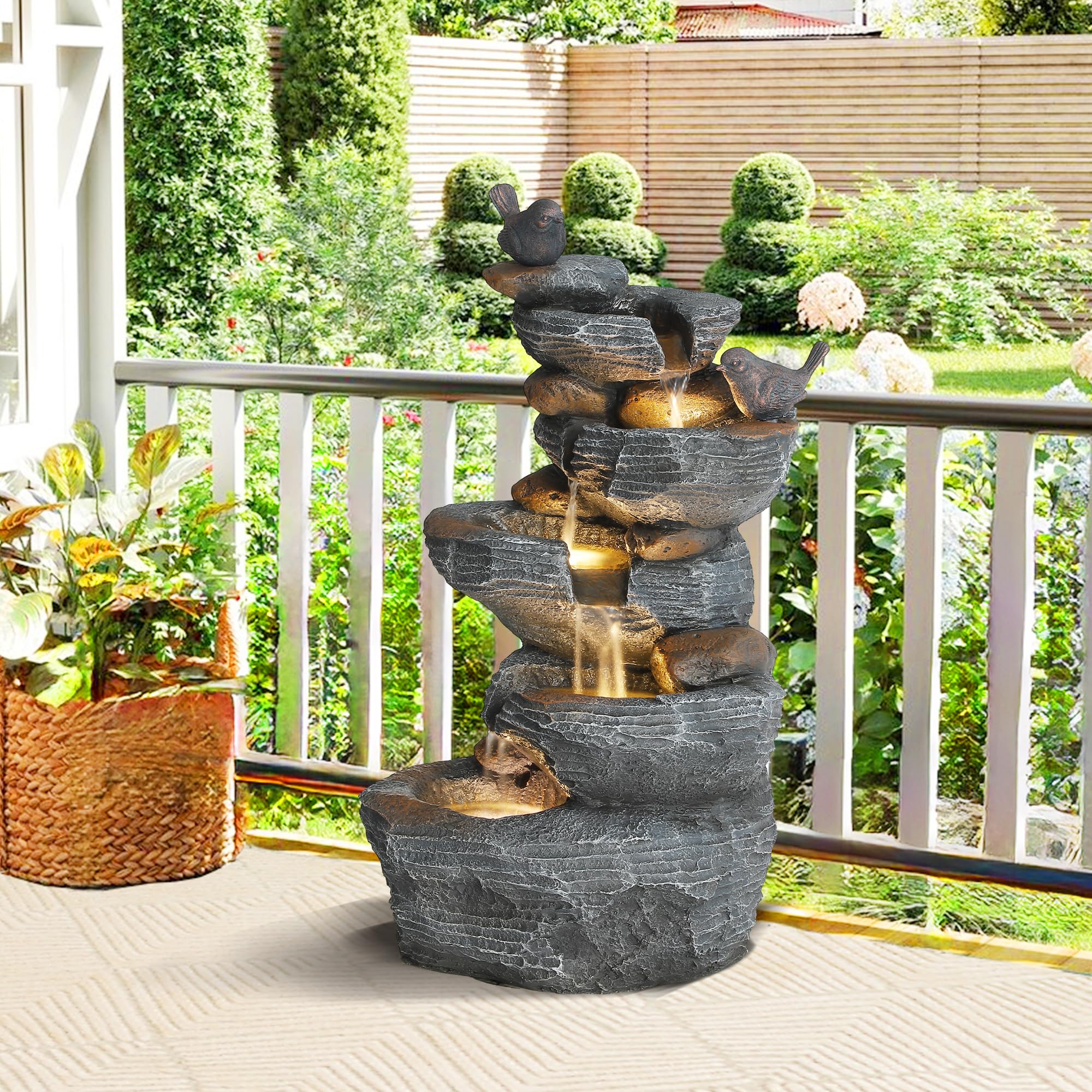 MAIBH 5-Tiers Cascading Rock Outdoor Water Fountain, Garden Freestanding Birds Waterfall Fountains Outdoor with LED Lights Birds Decor, Stacked Stone