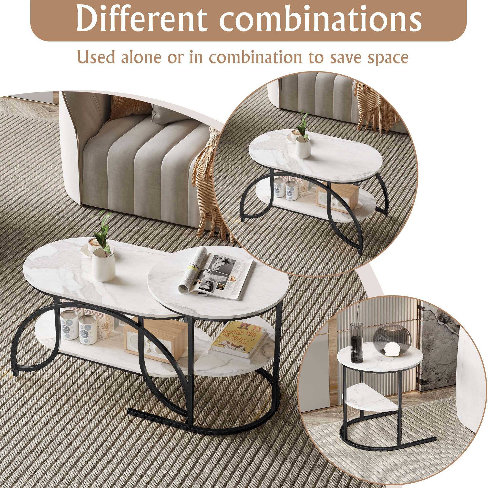 KeepGoon Table Basse Ronde avec Rangement, Tables Basses de Salon Moderne à encastrer empilable, Tables gigognes de Salon latérale en marbre plaqué, Table de Canapé avec Cadre Métallique Robuste