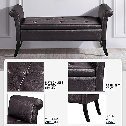 Miniatura 5 de Yaheetech Banco de almacenamiento para entrada, banco de ventana de cuero con brazos enrollados para dormitorio, entrada, ventana, asiento de color