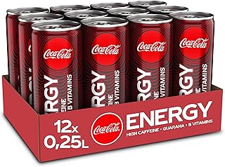 Coca-Cola Energy, napój energetyczny z kofeiną i guaraną o niepowtarzalnym smaku koke z cukrem, puszka jednorazowa (12 x 250 ml)