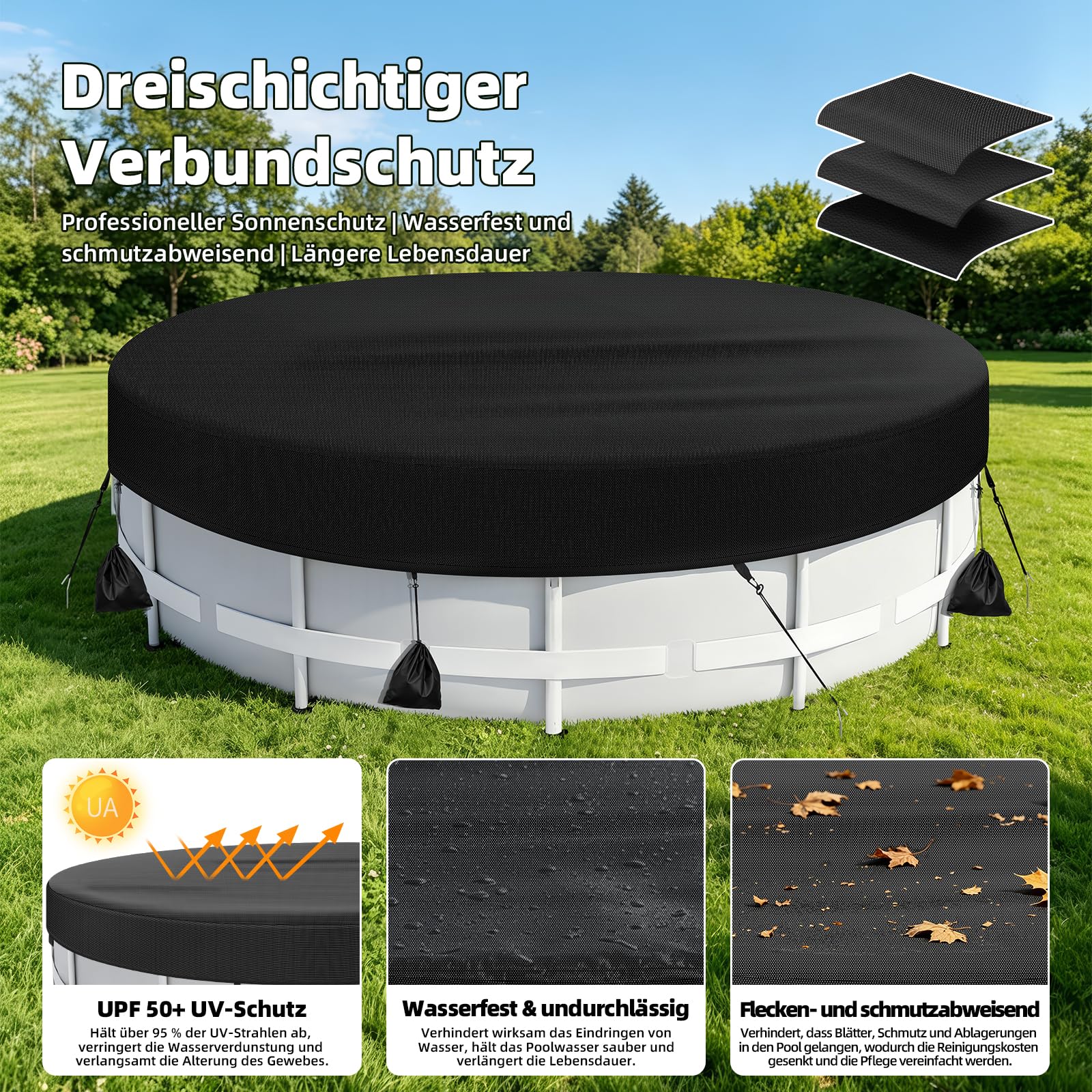 Bâche de piscine ronde de 366 cm avec cordon de serrage, sac de poids et clous de sol