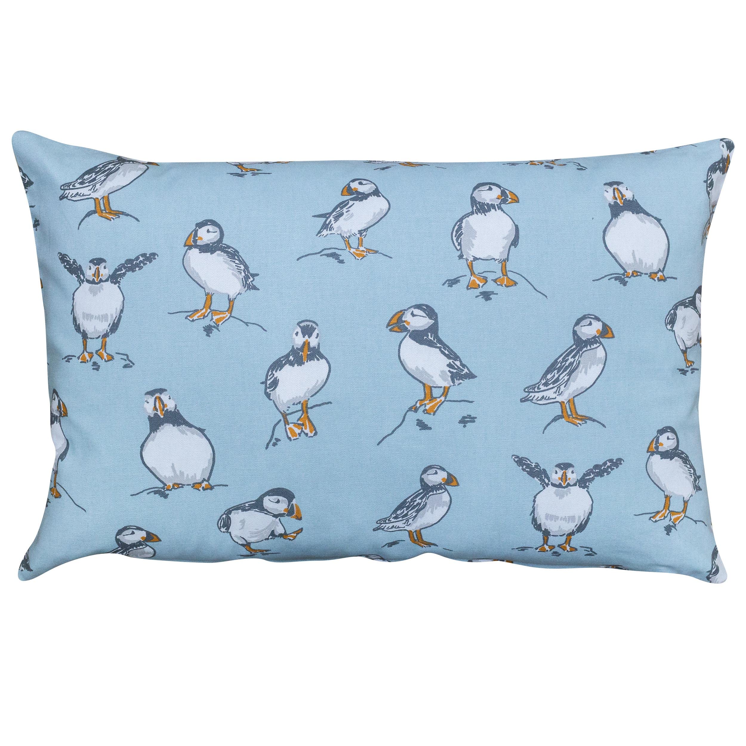 Linen Loft Blue Seaside Puffins Xl Rectangular Cushion Cover In Marine Nautical Inspired Marine Seabird Motif Design. 100% Cotton, 23X15 Xl Rectangle Cushion Cover Only