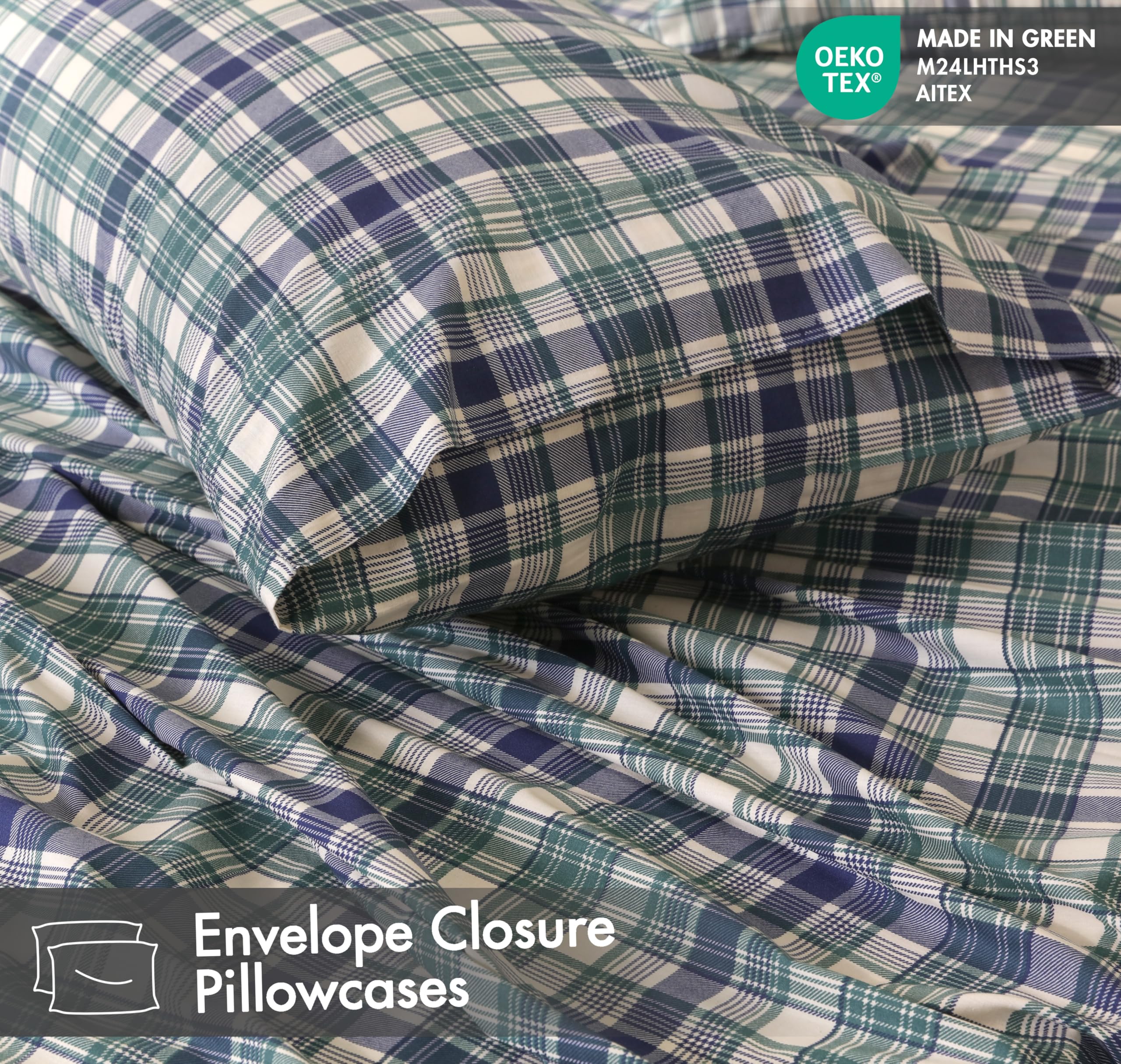 RUVANTI Bettlaken aus 100% Baumwolle, kühlendes Perkal-Bettlaken für King-Size-Bett, atmungsaktiv und langlebig, Kingsize-Bettlaken-Set, 40,6 cm Tiefe Taschen, grünlich-blaues Karo, 4-teilig | Knackig kühlend, tiefe Tasche, 40,6 cm, weich, atmungsaktiv un
