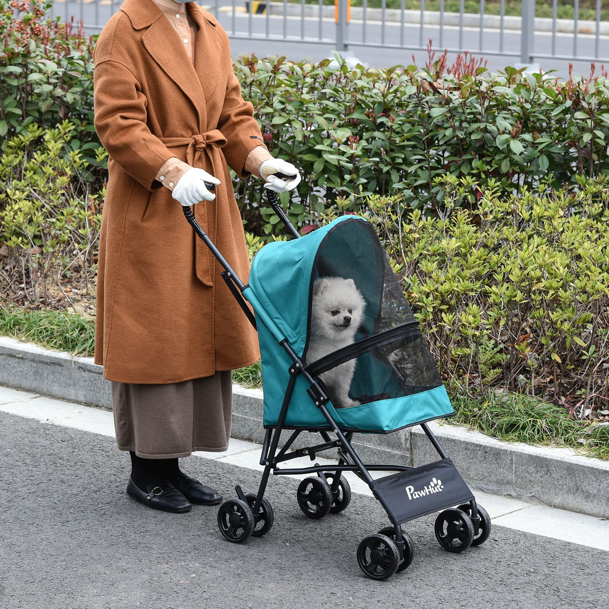 PawHut Passeggino per Cani Piccoli Pieghevole, Ruote Girevoli con Freno in EVA e Guinzaglio di Sicurezza, 65x42x94cm Verde