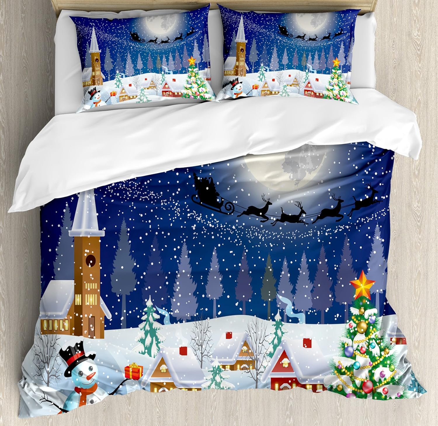Ambesonne Christmas Duvet Cover Set, Winter Season Snowman Xmas Tree Santa Sleigh Moon Present Boxes Snow and Stars, Decorative 3 Piece Bedding Set with 2 Pillow Shams, King Size, White Blue King White Blue