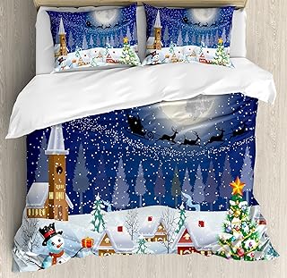 Ambesonne Christmas Duvet Cover Set, Winter Season Snowman Xmas Tree Santa Sleigh Moon Present Boxes Snow and Stars, Decorative 3 Piece Bedding Set with 2 Pillow Shams, King Size, White Blue