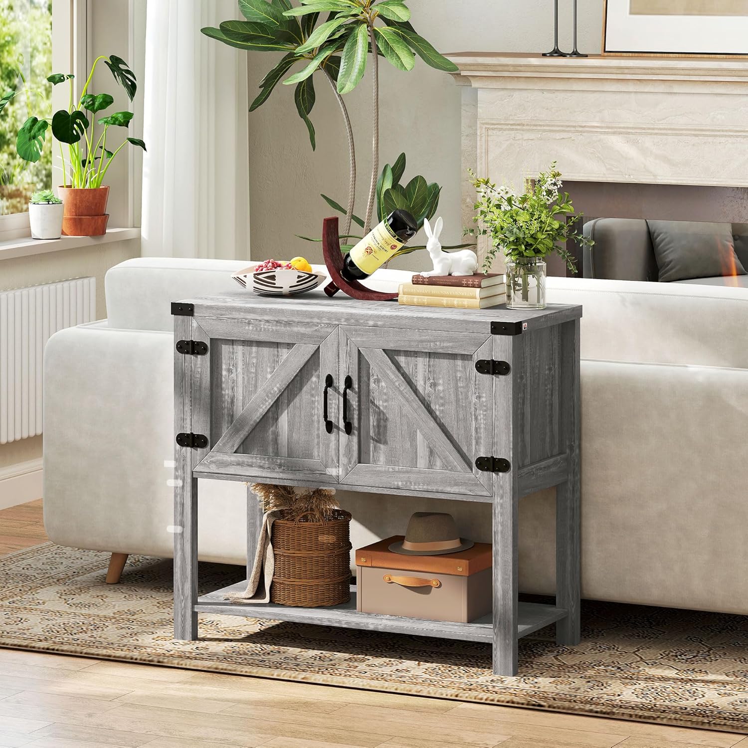 HOMCOM Farmhouse Double Door Coffee Bar Cabinet, Console Table, Sideboard Buffet Cabinet with Bottom Shelf for Entryway, Living Room, Stone Gray