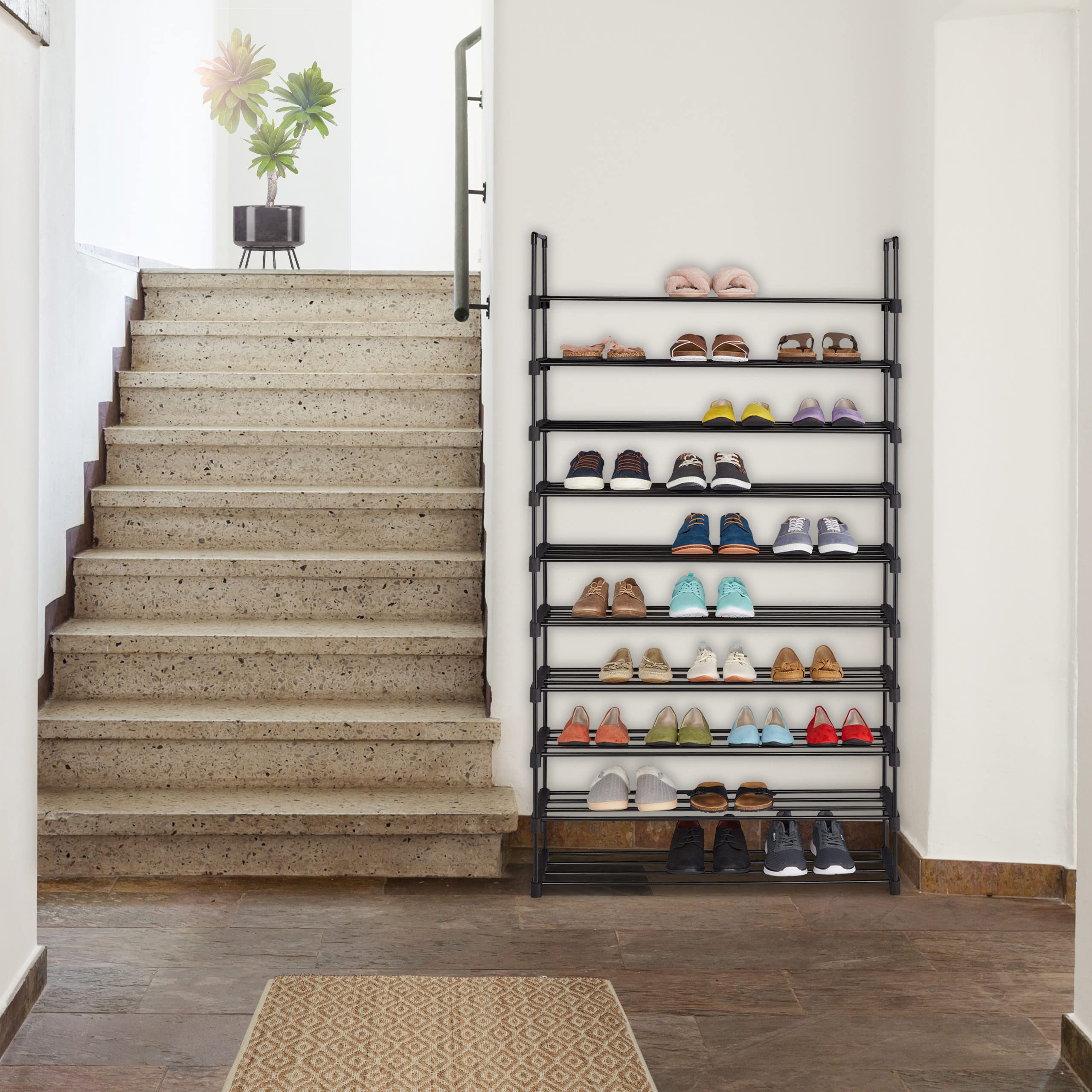 Relaxdays Zapatero Grande Sistema Encaje, 10 Niveles, Modular, 175,5 x 93 x 30,5 cm, Estantería Zapatos Metal, Negro