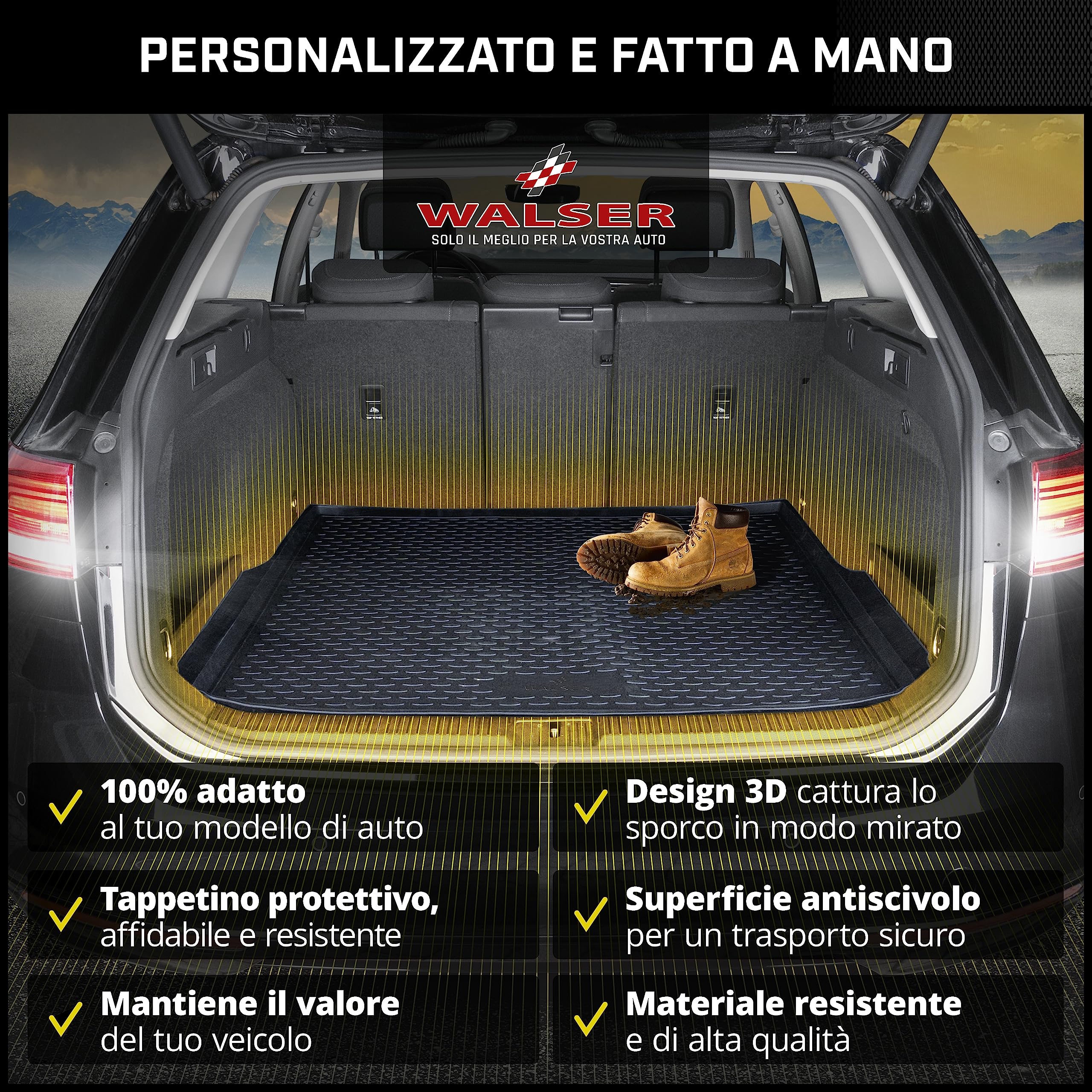 Walser Vasca Baule XTR su Misura Compatibile con Opel Mokka X, da Facelift 2016-2019, Tapetto per Bagagliaio, Tappetino Baule, Protezione Cofano