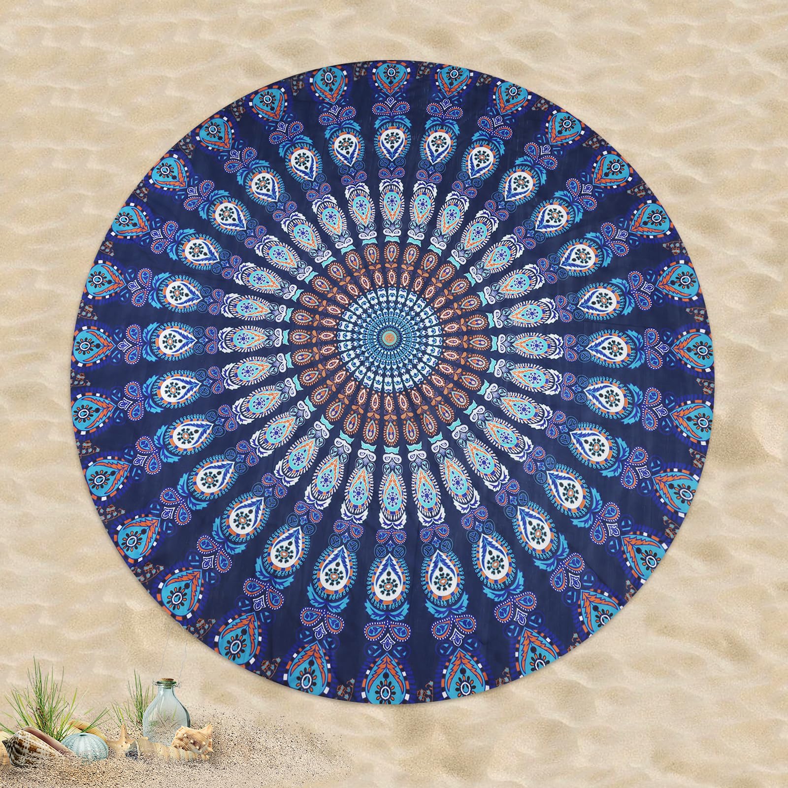 Beach Towel Lightweight 150cm Sand Free Round Beach Towel for Adults, Extra Large Beach Blanket for Beach, Pool, Yoga, Camping, Home Decor (Blue)