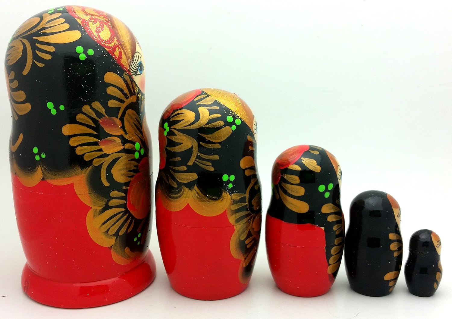Russian Hand Painted Nesting Doll Set of 5 Traditional Gold Red Medium Size Matryoshka / 5" Tall