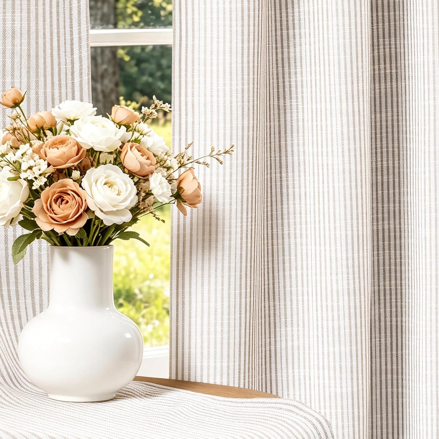 DriftAway 100% Blackout Linen Ticking Striped Curtains Double Layer Farmhouse Drapes 84 Inches Long for Living Room Bedroom Yarn Dyed Woven Thermal Insulated Rod Pocket Back Tab 2 Panels Beige/Cream