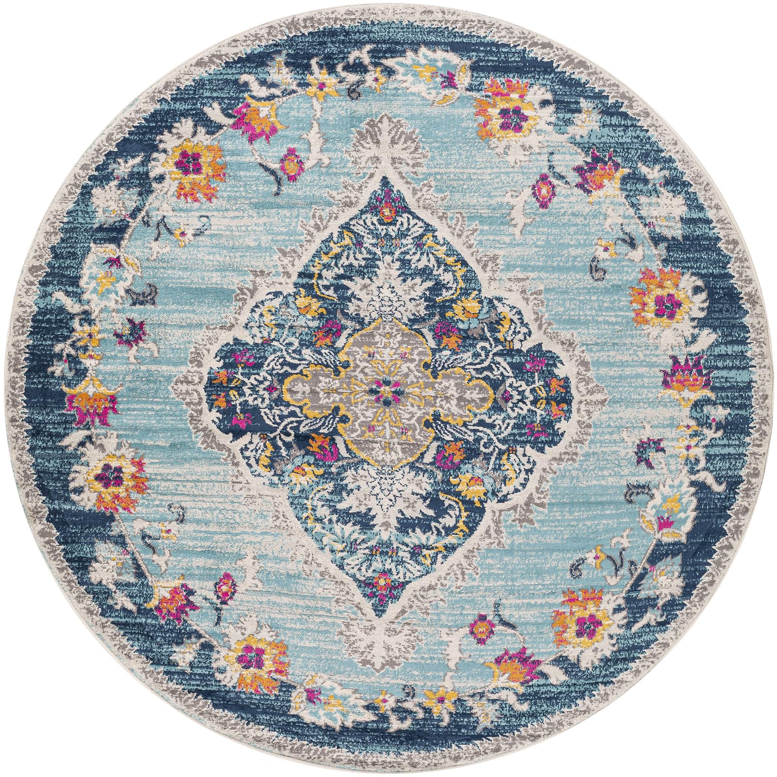 Livabliss Romy Palma Vintage - Area s Living Room 200 cm, Dining Floor, Kitchen, Traditional Multicoloured Boho, Easy Care Pile, Bohemian Round, Blue, Fuchsia, Mustard
