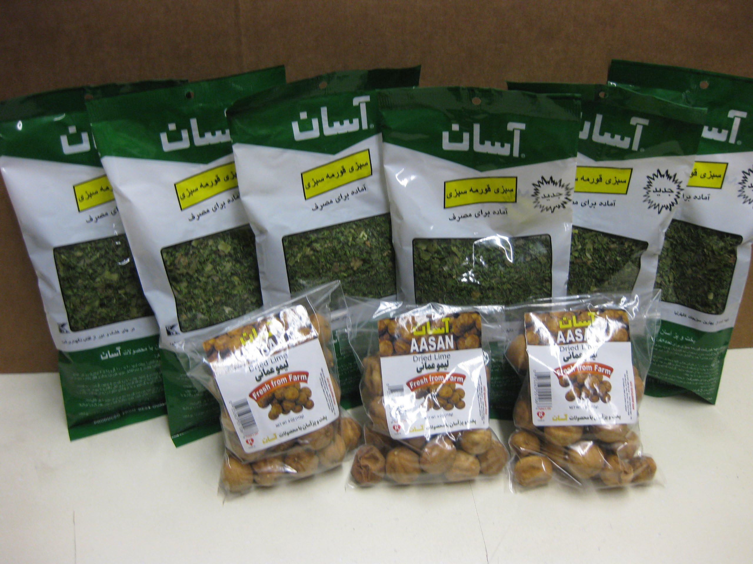 "COMBO" Aasan Ghormeh Sabzi (Dehydrated) 2.5oz (6 Pack) & Aasan Dried Lime Whole (Limu Amani) 4oz (3 Pack)