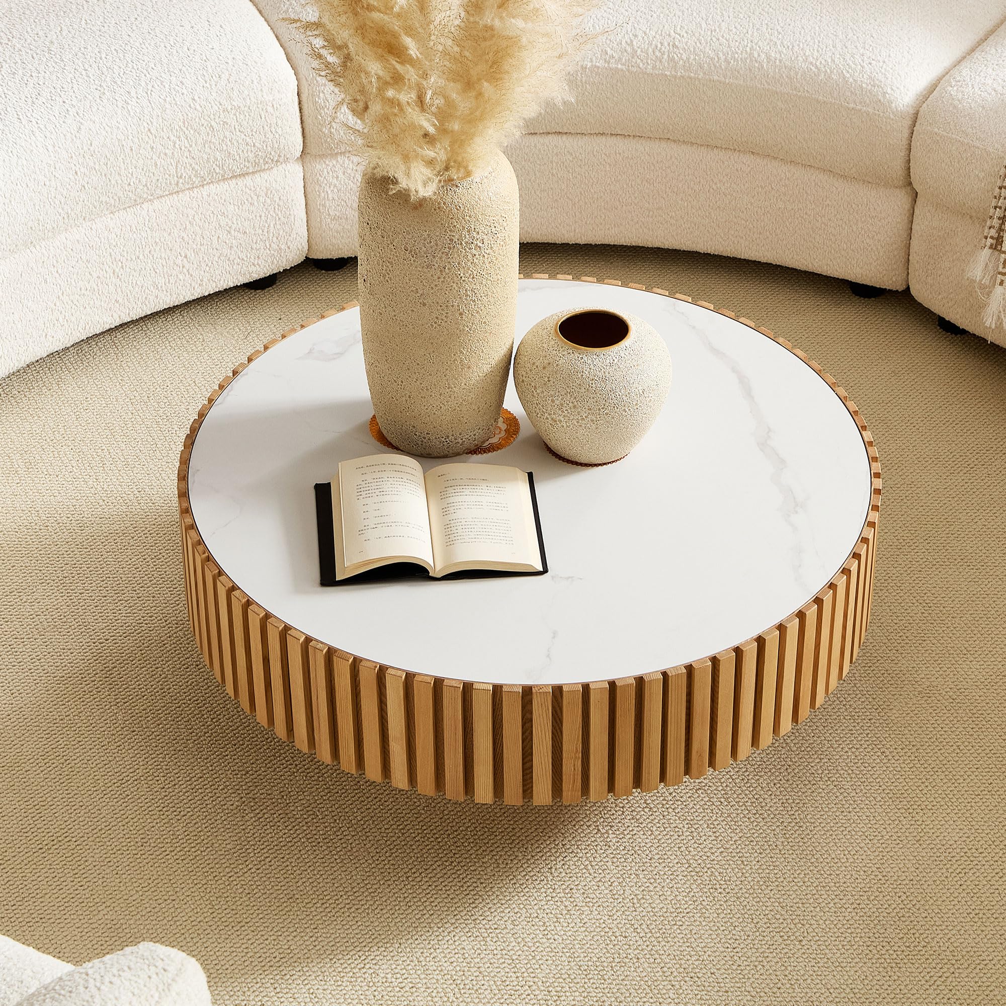 BSYEIO 35.43'' Round Coffee Table with Faux Marble Tabletop, Modern Drum Center Coffee Tables Luxury Circle Coffee Table for Bedroom,Apartment,Living