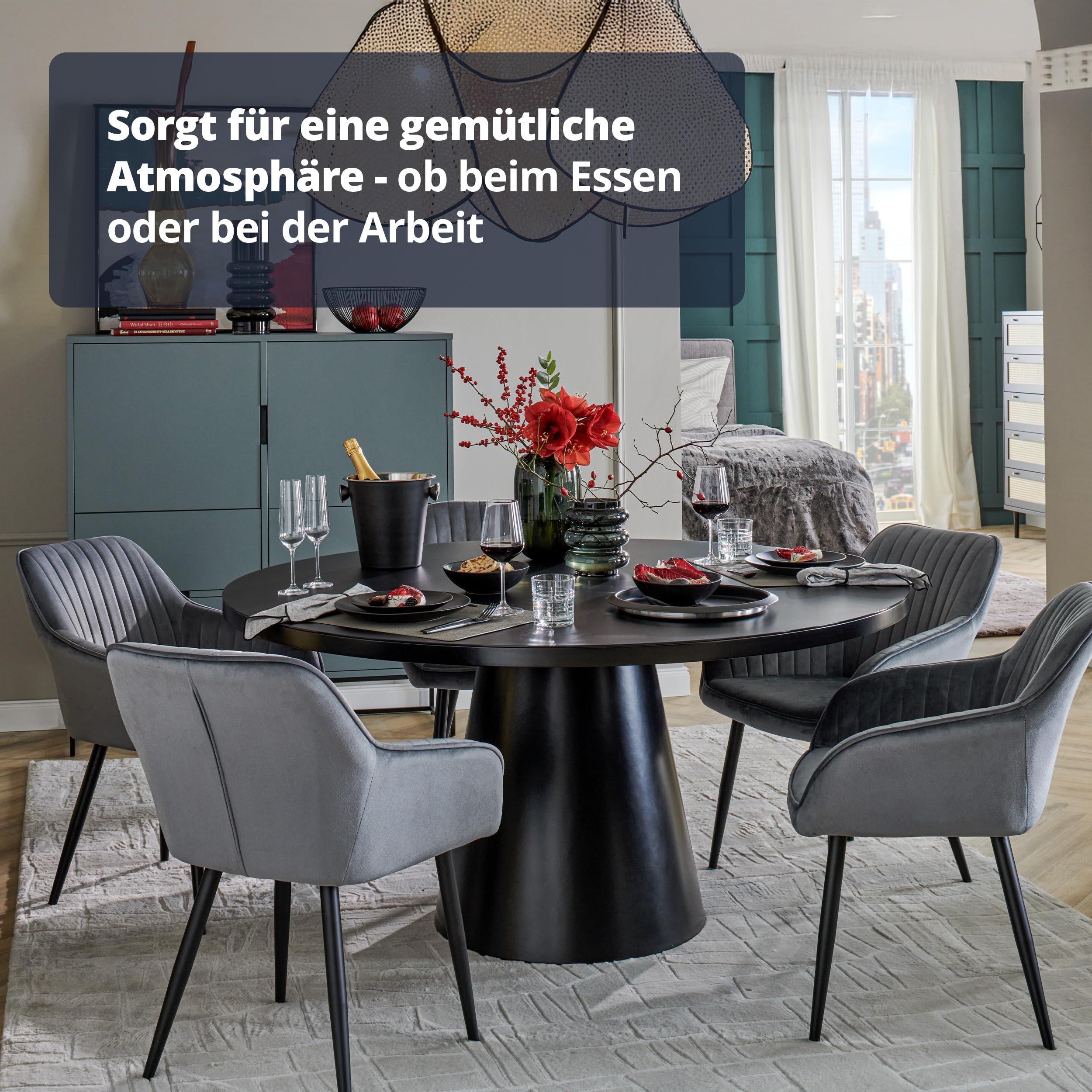 KHG Esstisch Rund 150 cm Durchmesser, Schwarz mit Glasplatte, Platz für 6 Personen, bis 100 kg belastbar - Minimalistisches Design, konisches Tischgestell, modern & pflegeleicht