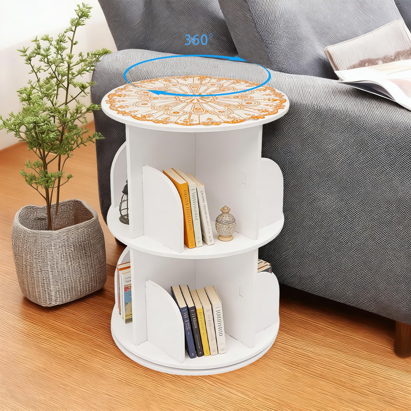 Drehbares Bücherregal Rund Bücherregal Kinder 360 Grad Rotierend Standregal Aufbewahrung, 2 Etagen 8 Fächer PVC Platzsparend Wohnzimmer Schlafzimmer Büro Weiß
