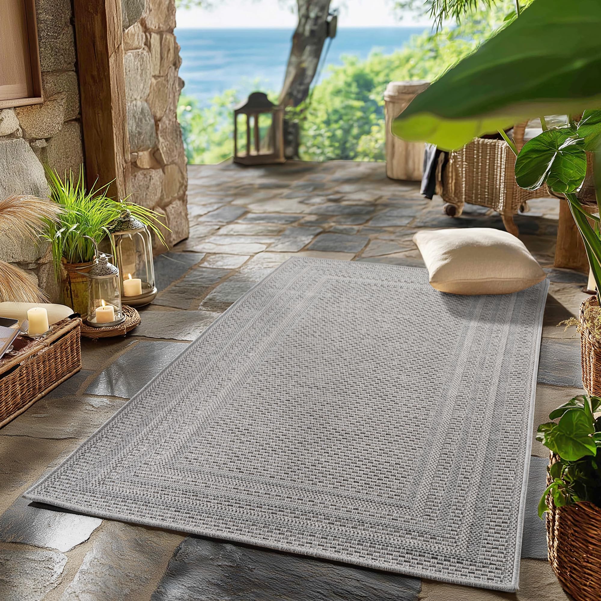 SIMPEX Outdoor Teppich Wetterfest Grau 80x150 cm Läufer, UV-beständig, ideal für Küche, Balkon, Terrasse auch Wohnzimmer und Esszimmer, Einfarbiges Design mit Bordüre, Pfelgeleicht