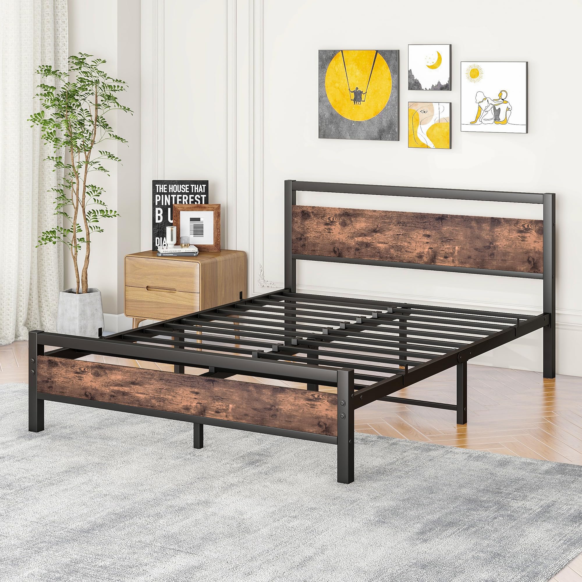 Telaio letto 160 x 200 cm, in metallo e legno, letto in metallo con rete a doghe, letto per ragazzi e ragazzi, 160 x 200 cm, con testiera, in metallo marrone e nero