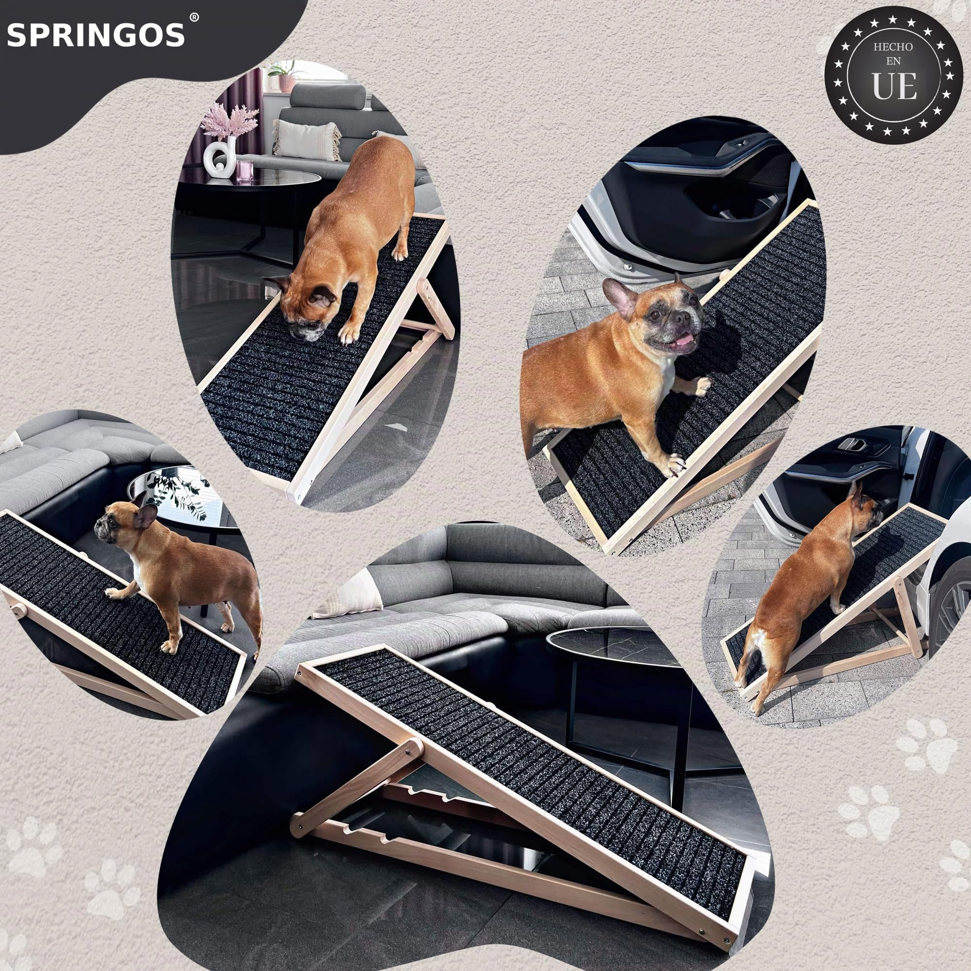SPRINGOS Rampa para Perros Plataforma Ajustable de 42,5-59 cm para Cama o sofá Escalón Plegable de Madera para Perros Rampa para Mascotas con Estera Antideslizante