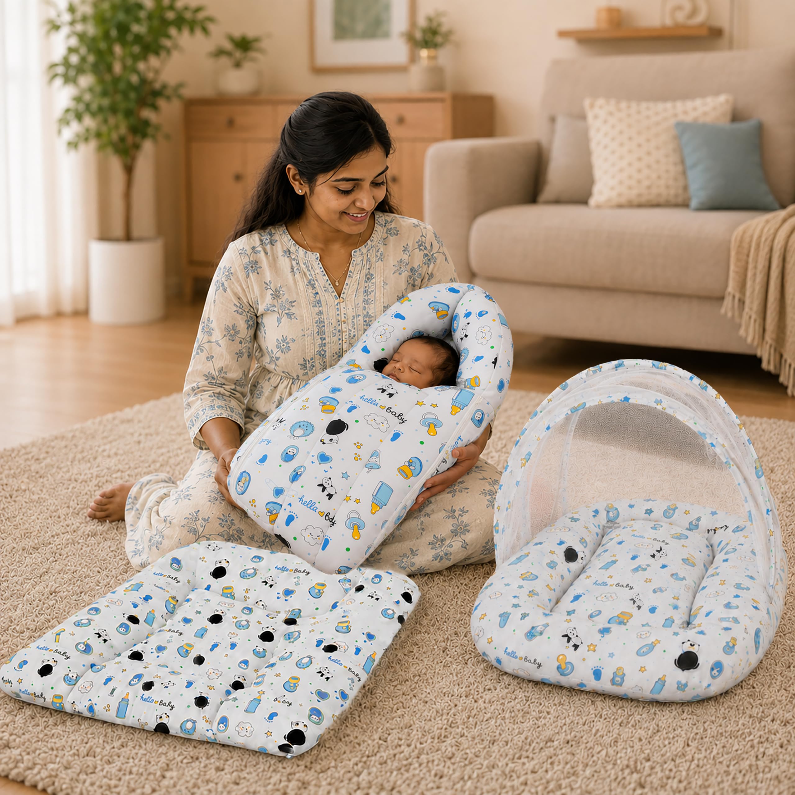 Panda Blue Baby Bedding Set - Sleeping Bag & Mosquito Net -10