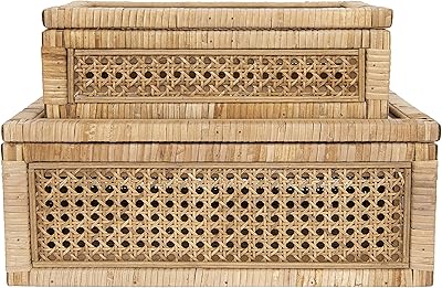 Creative Co-Op Woven Rattan Display Boxes with Glass Lids & Fir Wood Frame (Set of 2 Sizes)