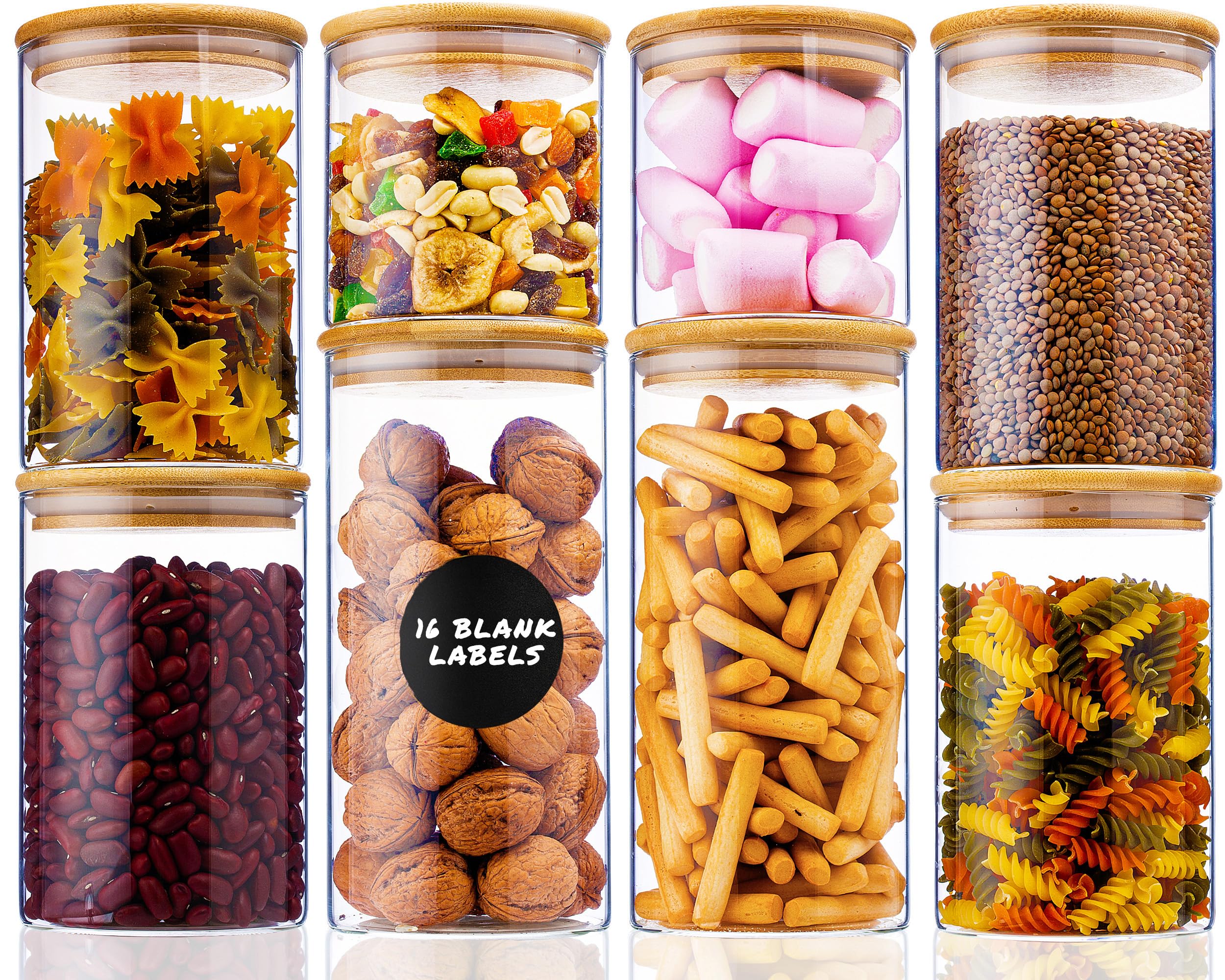 Deco haus Barattoli Vetro con Coperchio Legno Set di 8 [+ETICHETTE] - Contenitori Pasta Vetro - Contenitori Cucina - Porta pasta contenitore per Biscotti, Farina, Cereali, Spaghetti