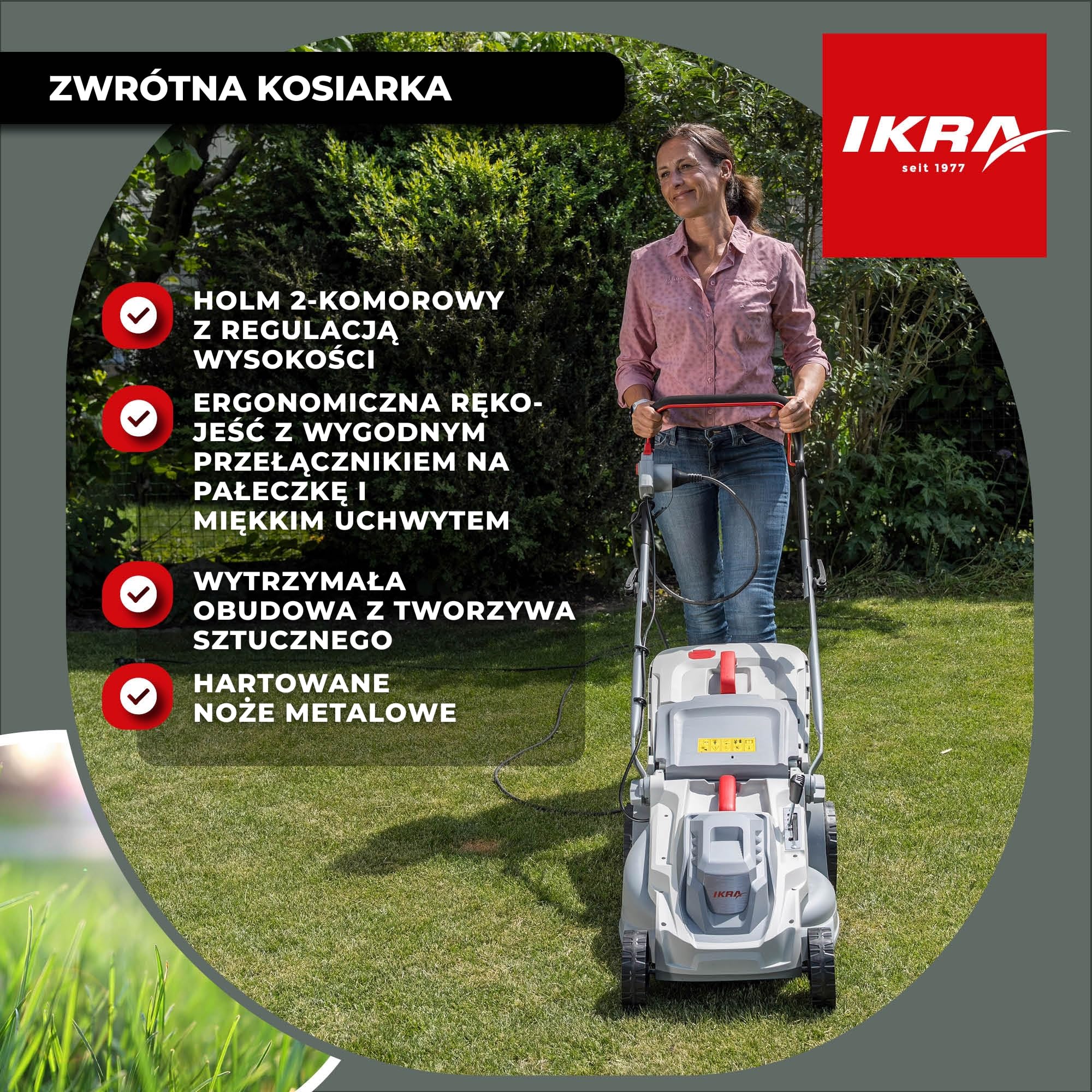 IKRA Kosiarka elektryczna IERM 1638-1, 1600W, szerokość koszenia 38cm | 2-stopniowa regulacja uchwytu, wysokość koszenia 30–75 mm, kosz 42 l, hartowany nóż, z funkcją składania