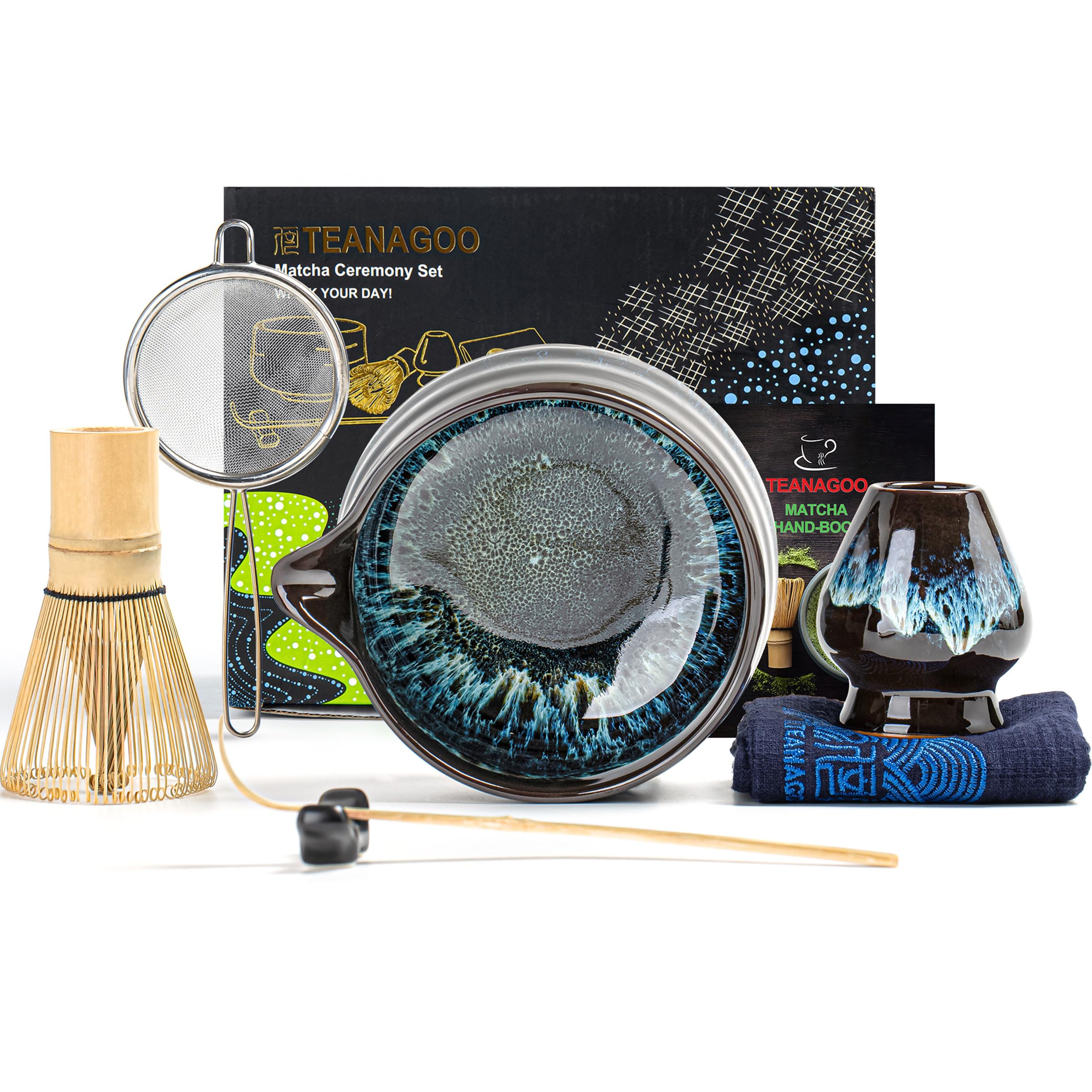 TEANAGOO Te Matcha Kit, Matcha Set 7 piezas, kit de para ceremonia, juego de té para hacer desayuno/matcha latte, cuenco de cerámica con boquilla y batidor, regalo para los