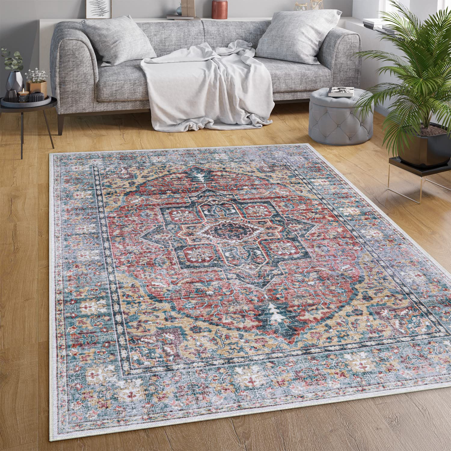 Paco Home Waschbarer Teppich Wohnzimmer Schlafzimmer Vintage Muster Flachgewebe Modern Orientalisch Ornament Pastell, Grösse:120x160 cm, Farbe:Bunt 2