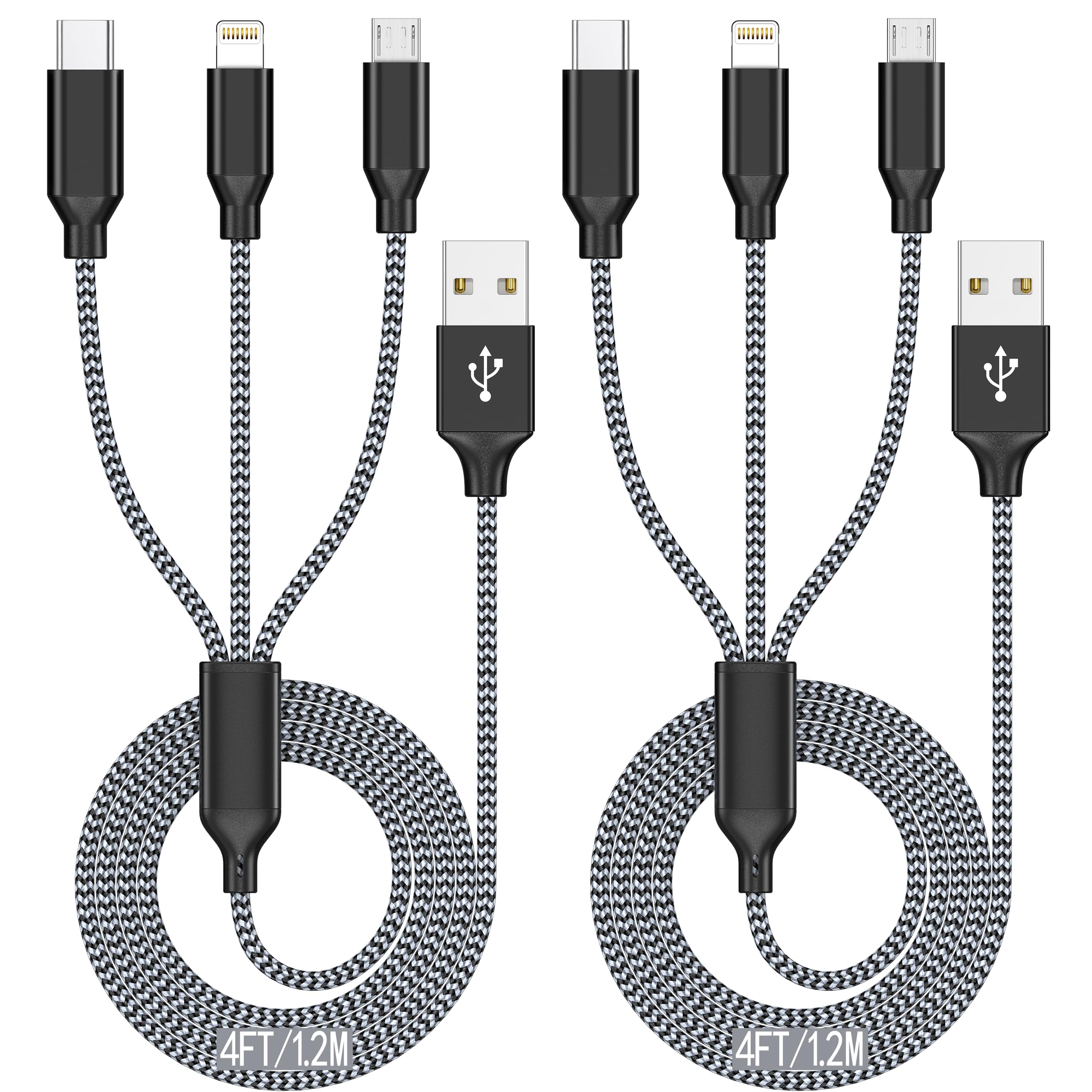 Xnewcable 멀티 충전 케이블 1.2m(4피트) 2팩 3 in 1 충전기 코드, 다중 고속 나일론 브레이드 케이블 USB 충전 케이블 멀티 폰 충전기 코드 타입 C 마이크로 라이트닝 USB 커넥터 포함 휴대폰용