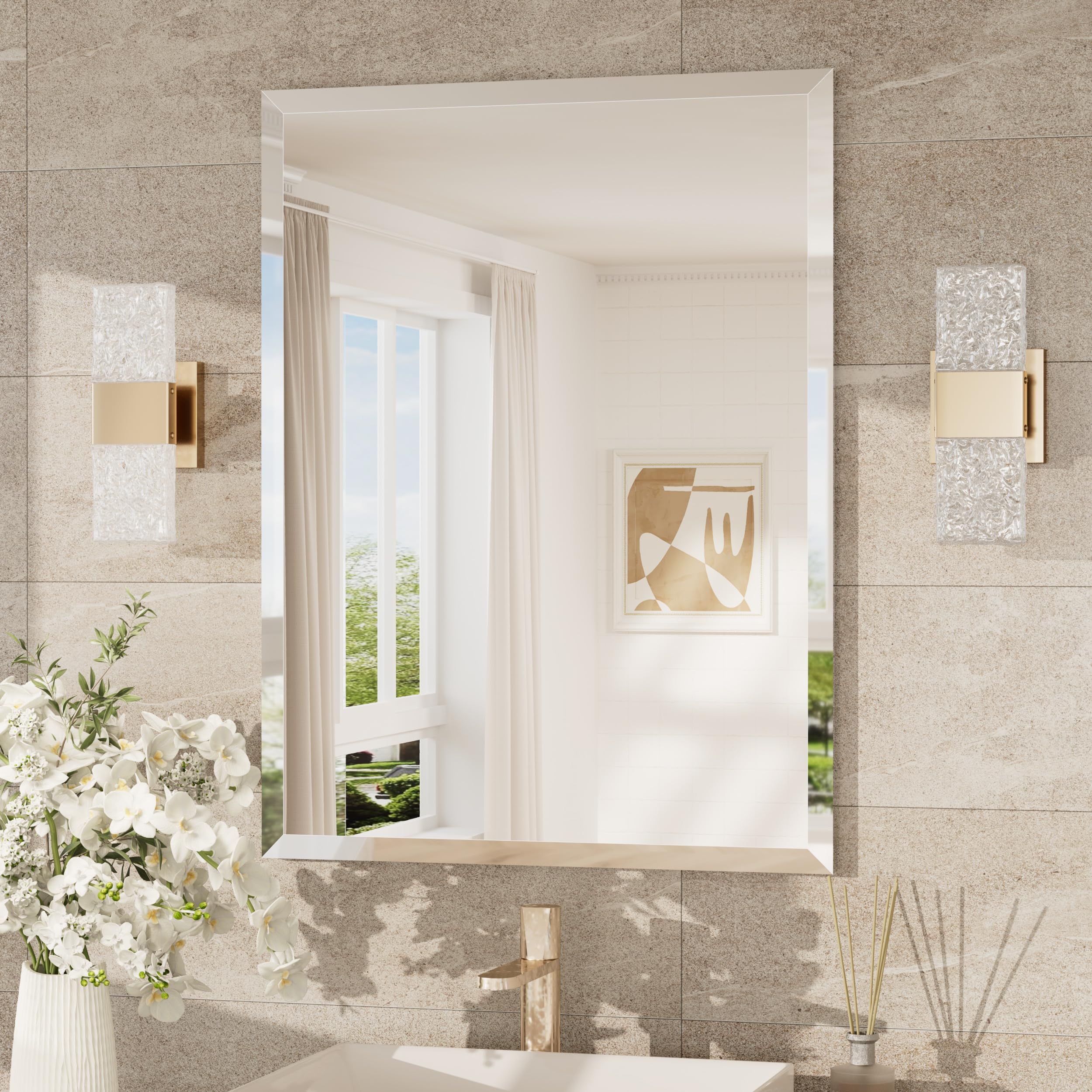 Keonjinn Frameless Bathroom Mirror 60x80cm, Wall Mounted Mirror With Bevelled Edge Design, Rectangular Vanity Mirror for Bathroom, Hallway, Living Room
