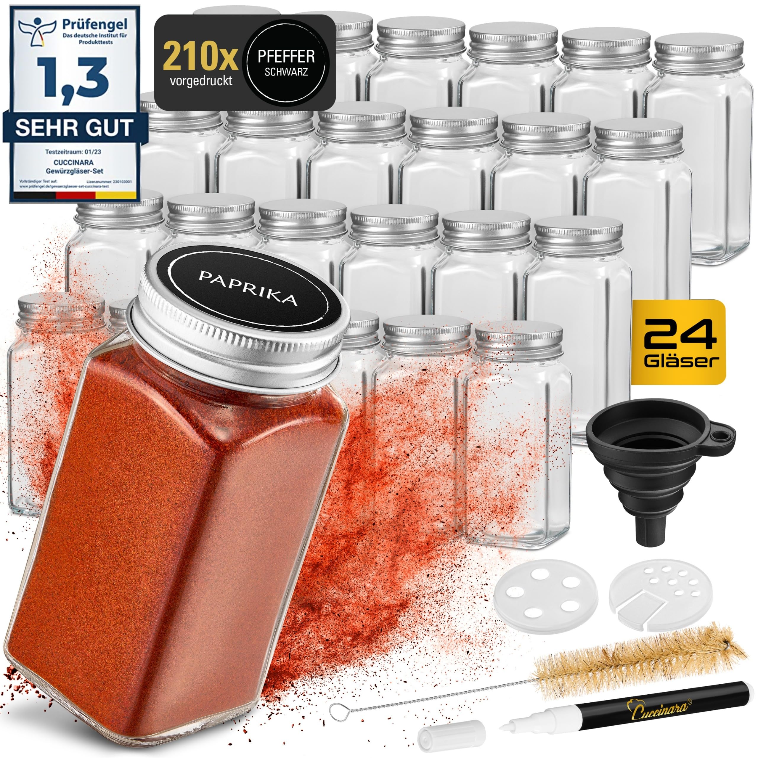Set di barattoli per spezie [rettangolari – 24 pezzi I 120 ml – 10.5 cm x 4.3 cm] con etichette per spezie, inserto per spargimento e pennarello bianco per scrivere le etichette