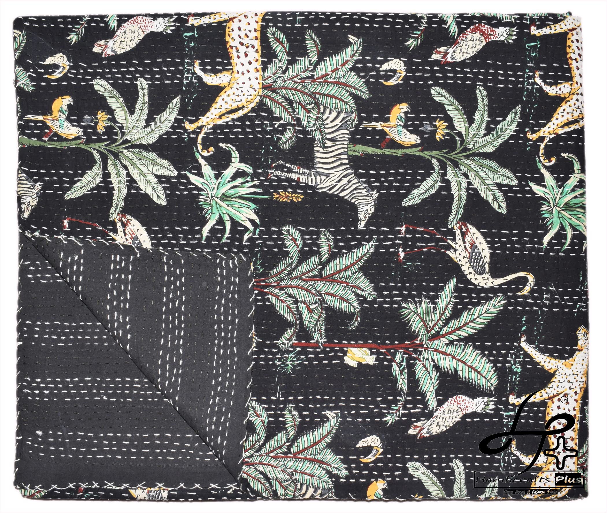 Handicrafts Plus New Indian Cotton Gudari Queen Size Kantha Quilt Animal Print Bedcover Beautiful Black Coverlet New Indian Cotton Bedspread 90x108''