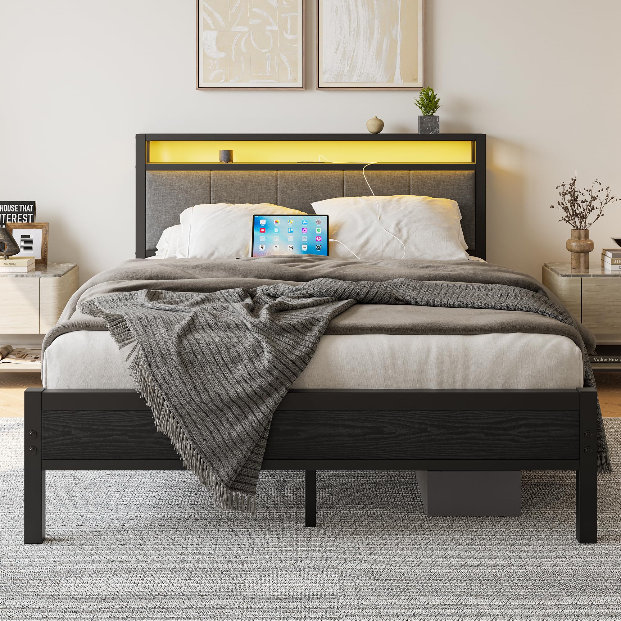 FOUBAM 5FT King Size Bed Frame with LED Lights and Charging Station, Heavy Duty Metal Platform Upholstered King Bed frame with Storage Fabric Headboard,Metal Slats Support,Mattress Foundation (Black)