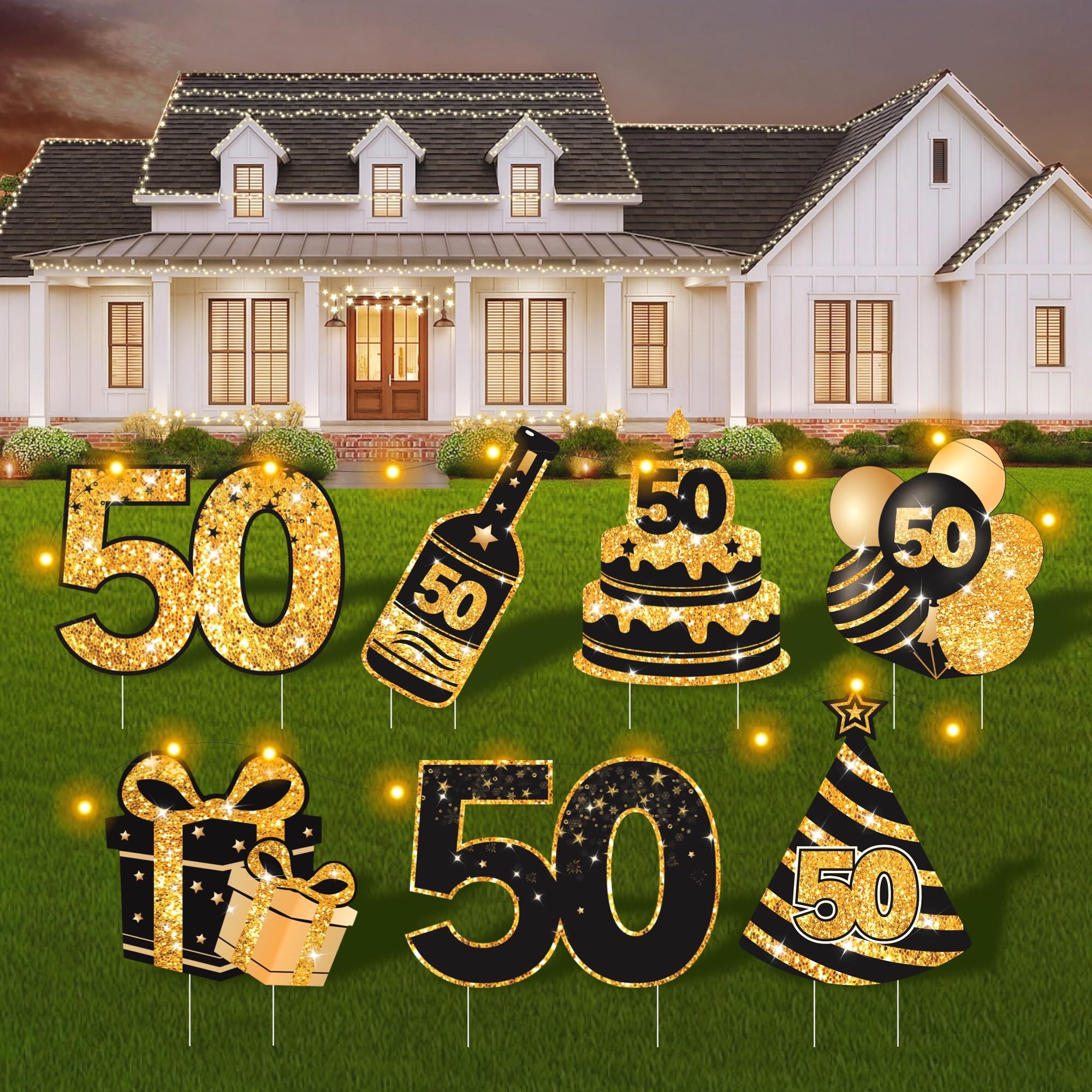 ComboJoy 50th Birthday Yard Signs with Stakes, 7 Pcs Birthday Decorations for Men & Women with LED Lights & Double-Sided Tape, Ideal Outdoor/Indoor