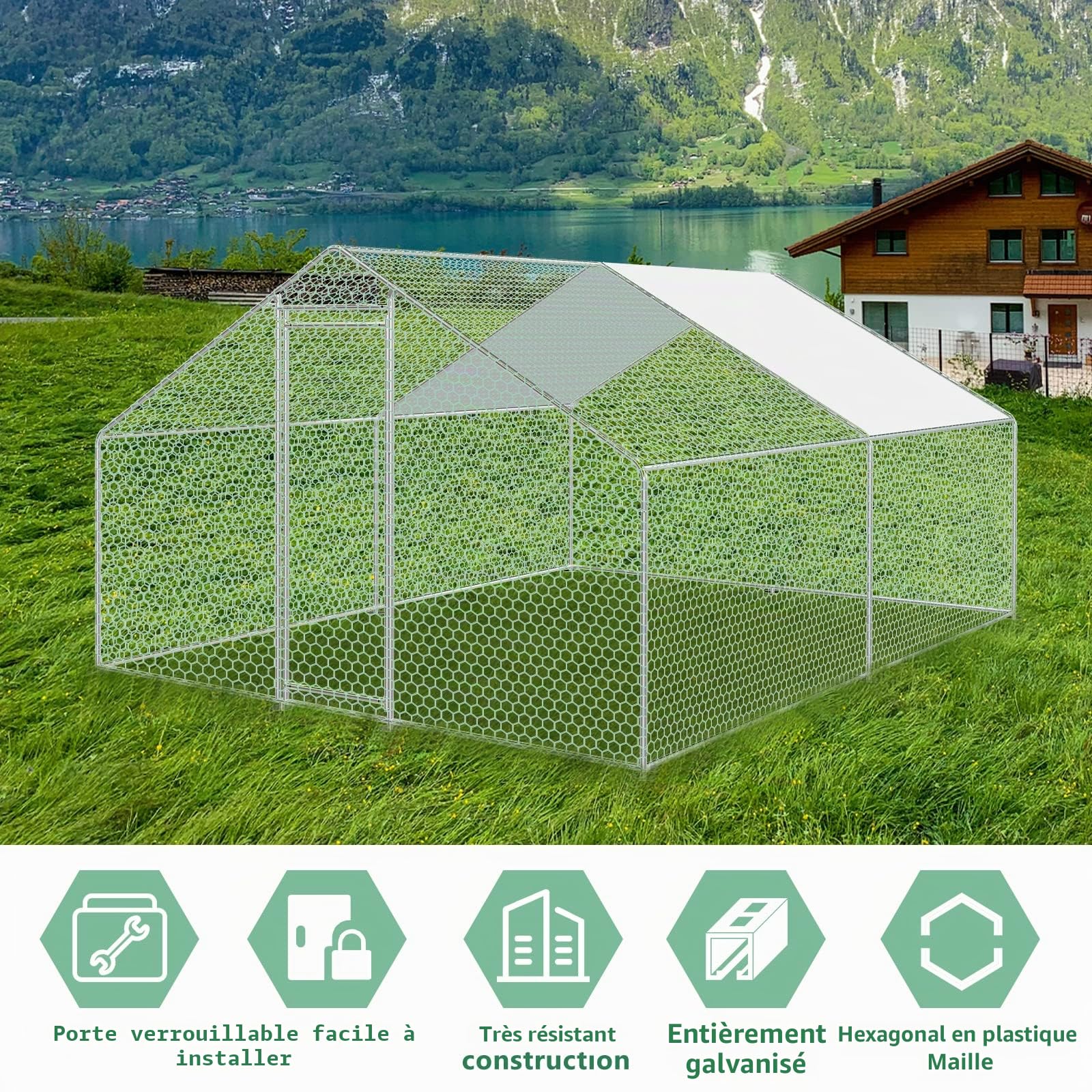 Poulailler en acier galvanisé, avec verrou et toit revêtu de PVC, 3 x 4 x 2 m (L x l x H), enclos pour petits animaux, volière