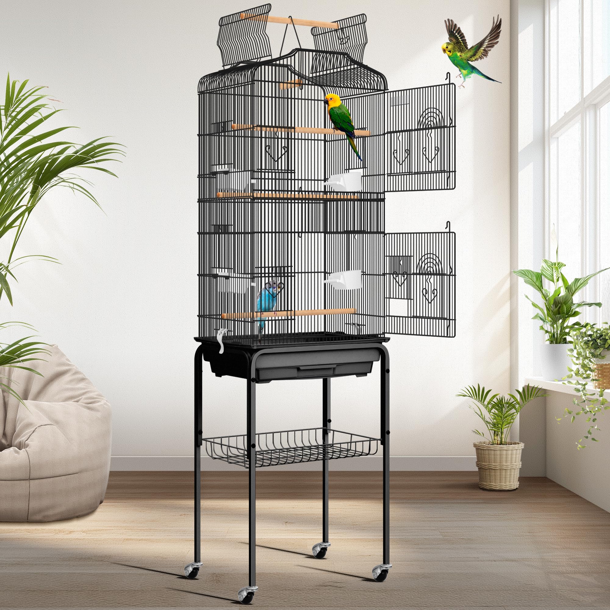 VIVOHOME 162.6 cm Bird Cage with Play Top and Rolling Stand for Parrots Conures Lovebird Cockatiel Parakeets BlackGlobal Recycled StandardGlobal Recycled StandardGlobal Recycled Standard