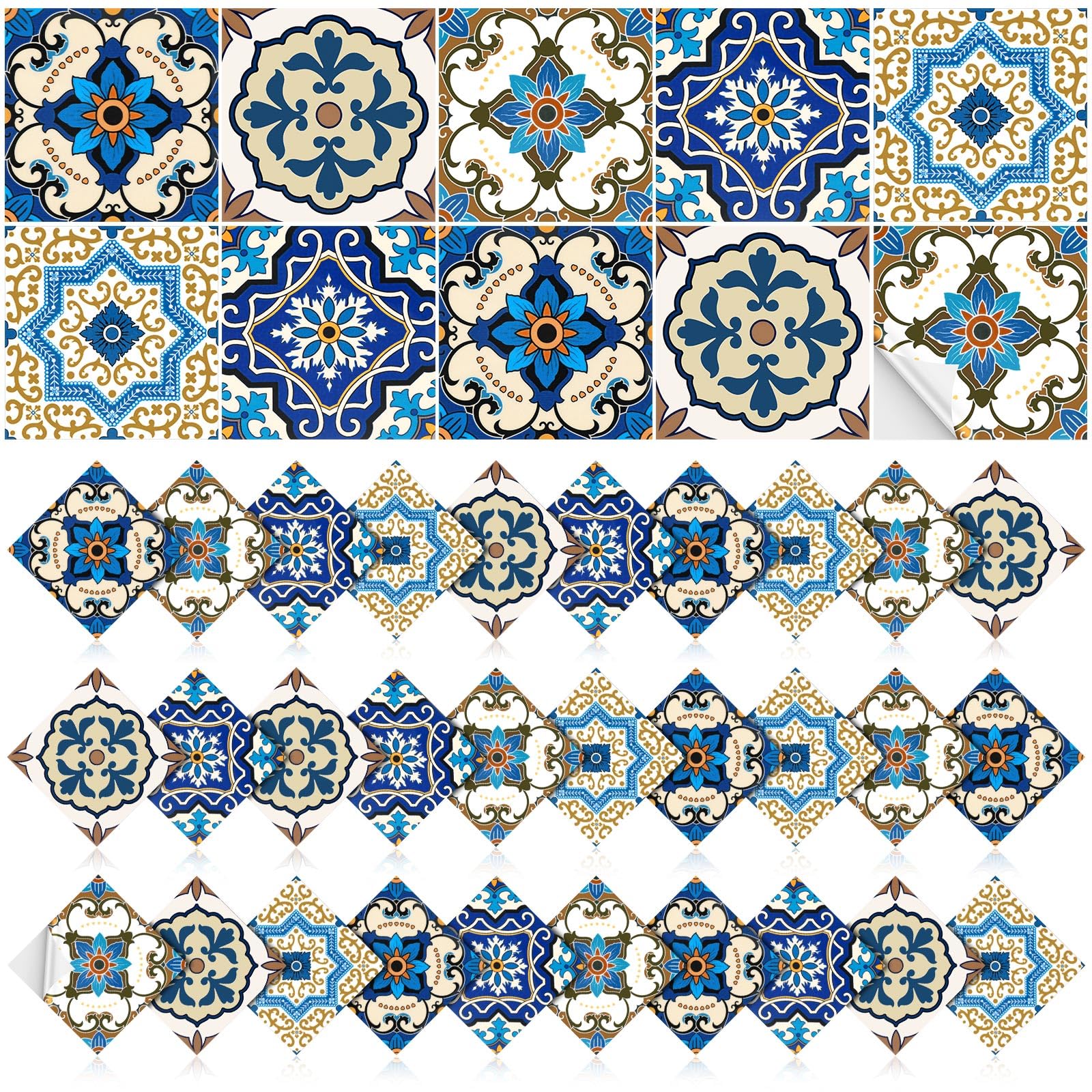 Honoson 60 Pack Colorful Talavera Tile 4x4 Inch Handpainted 10 Designs Peel and Stick Wall Tile Decor Bathroom Kitchen Wall Sticker Waterproof PVC