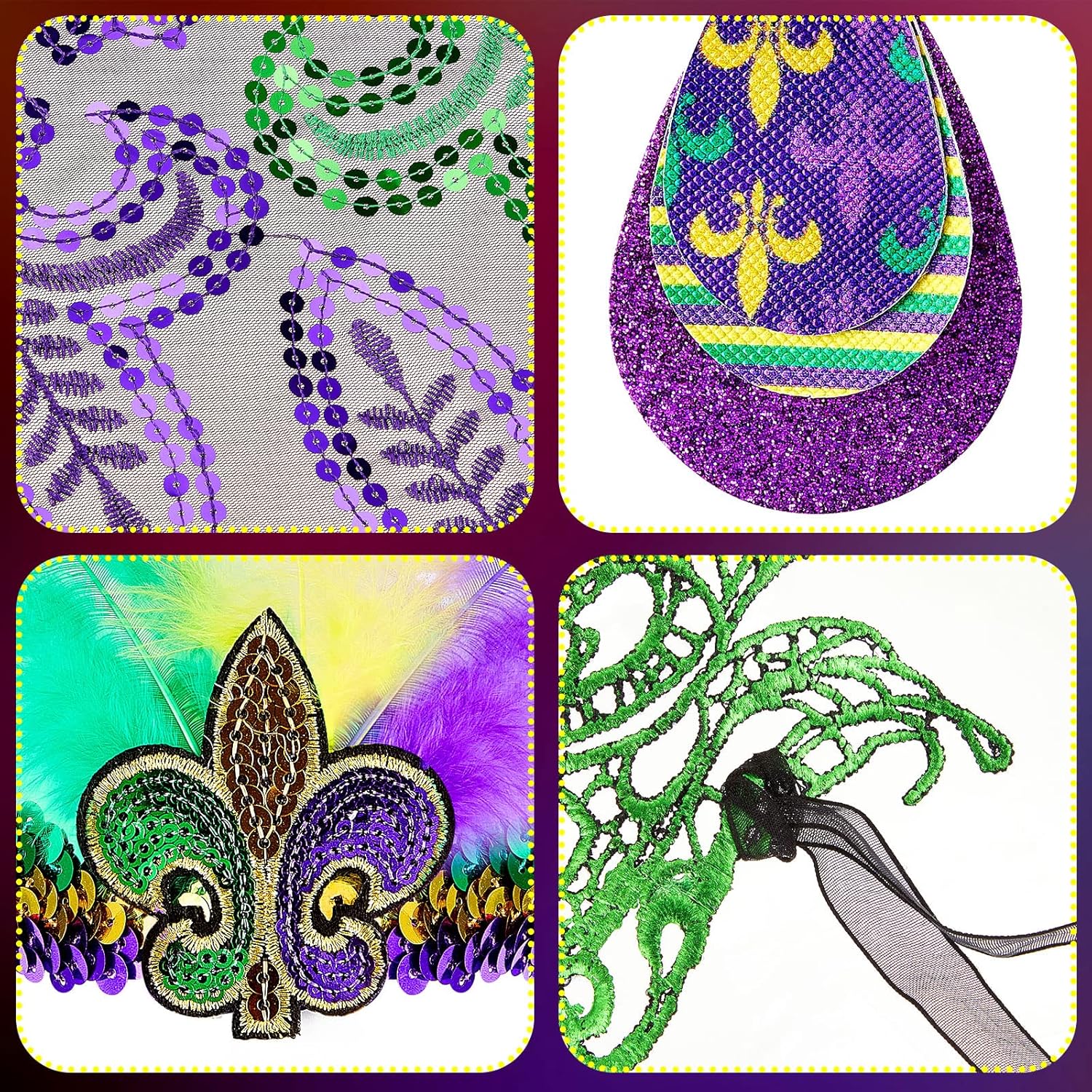 Geyoga 4 Pack Mardi Gras Costume Accessories Set Including Tassel Shawl Scarf, Masquerade Mask, Feather Glitter Headband, Dangle Earrings for Carnival Celebration Parade Dress Party - Image 3