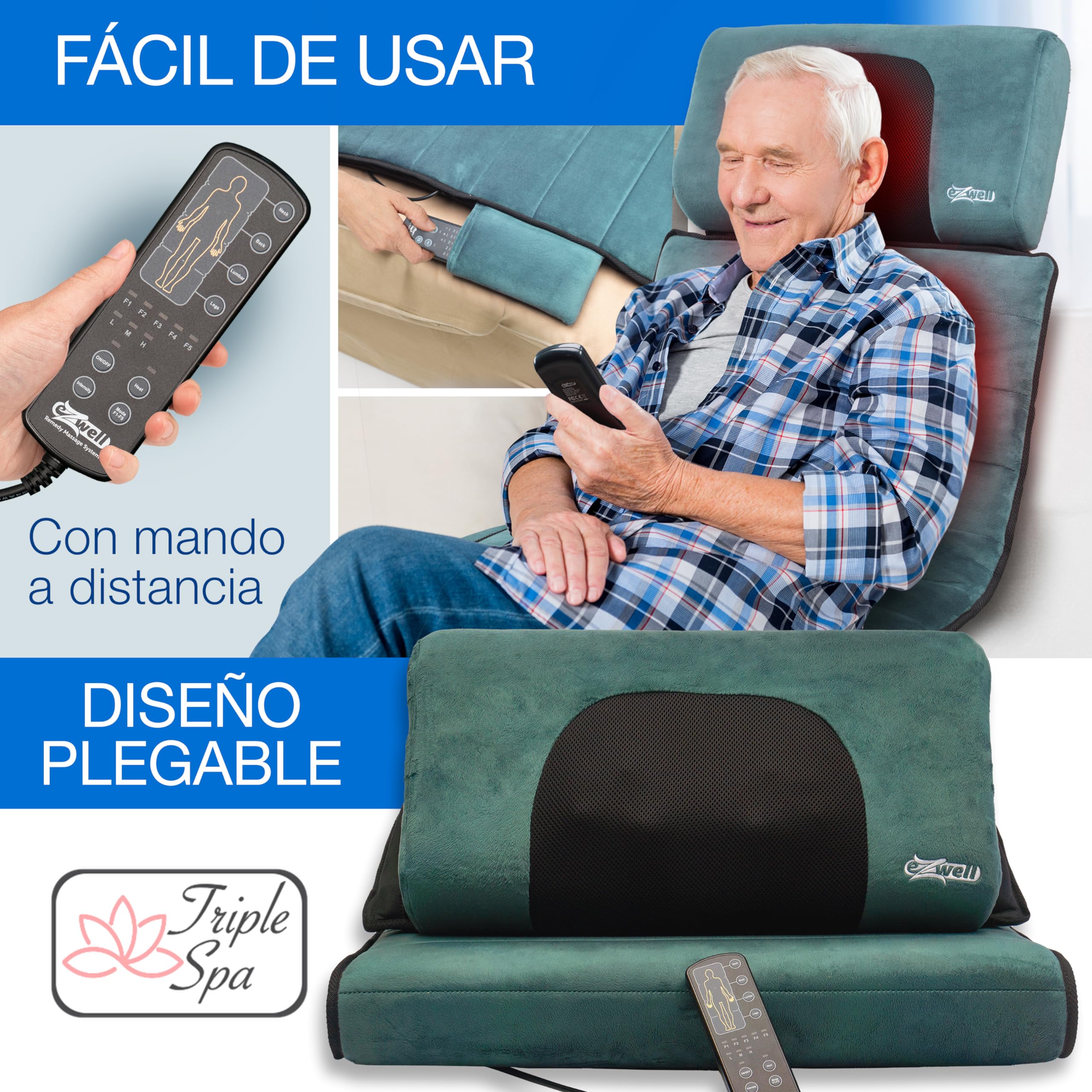 GALERIA DEL COLECCIONISTA Sistema de Masaje Triple SPA: Colchón de Masaje Cuerpo Completo Shiatsu Vibración Termoterapia Viscoelástica Almohada Ergonómica Desmontable Plegable