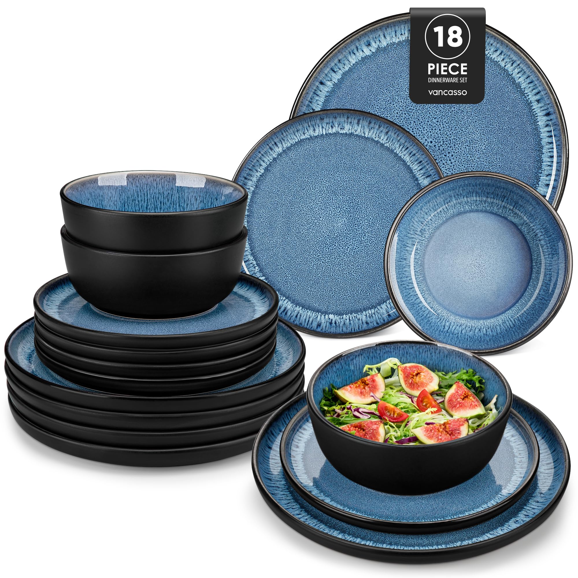 vancasso Playa Blue Dinner Set, Reactive Glaze Dinner Sets for 6 People, 18-Piece Mediterranean Crockery Set with Dinner Plates, Dessert Plate and Cereal Bowls
