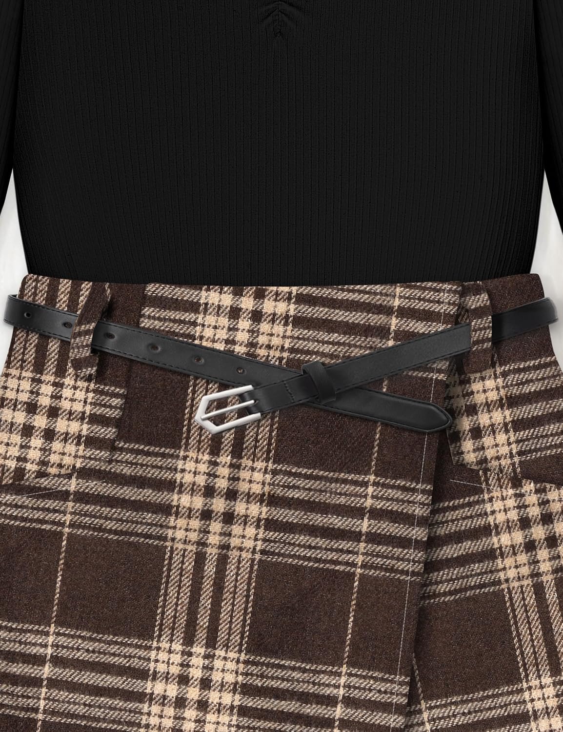 Girls Skirt Set 3 Piece Outfits Long Sleeve Tops and Plaid Mini Skirt Shorts with Belt Fall Winter Clothes